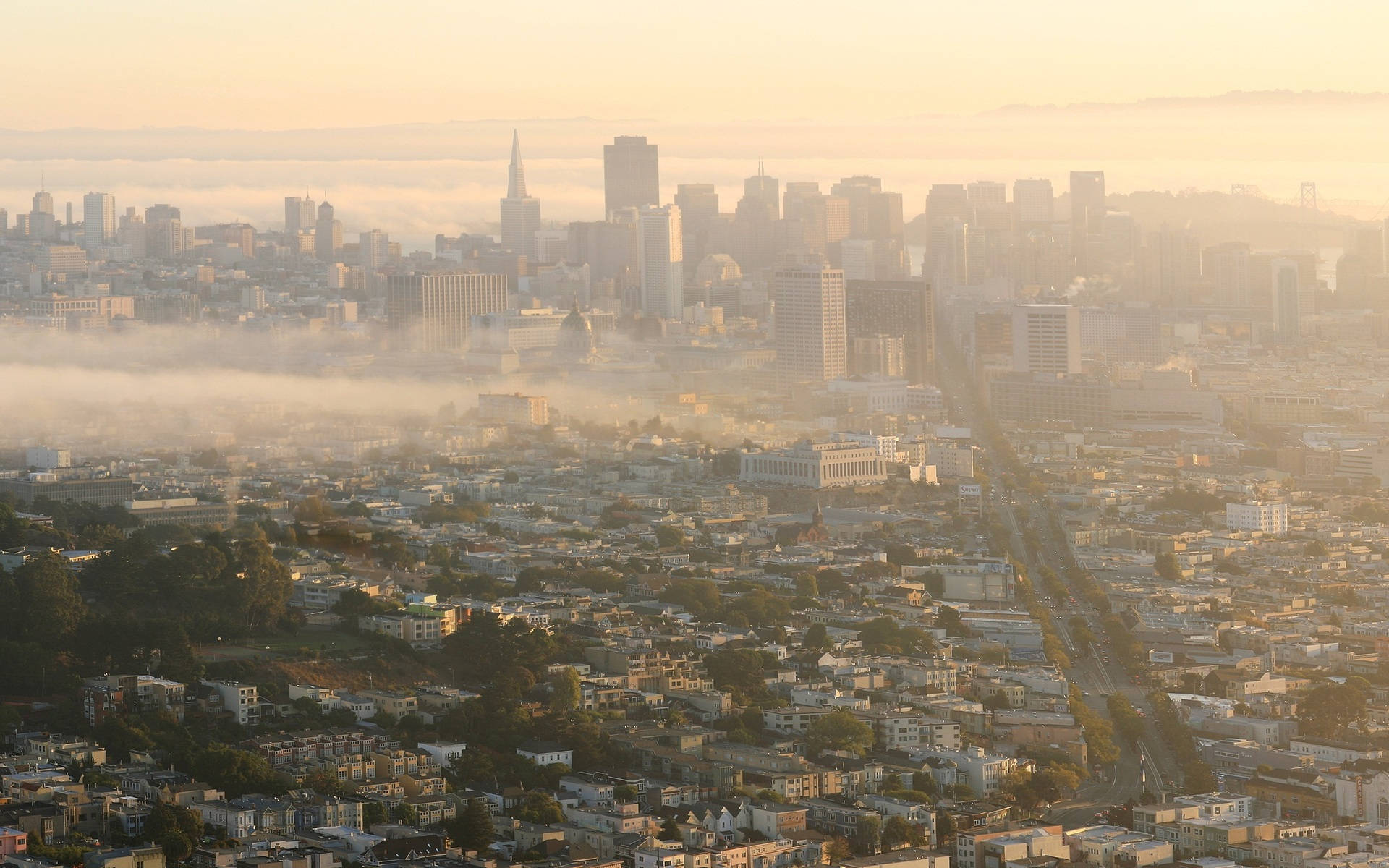 San Francisco, Golden morning light, hazy skyline, Full HD Desktop Wallpaper