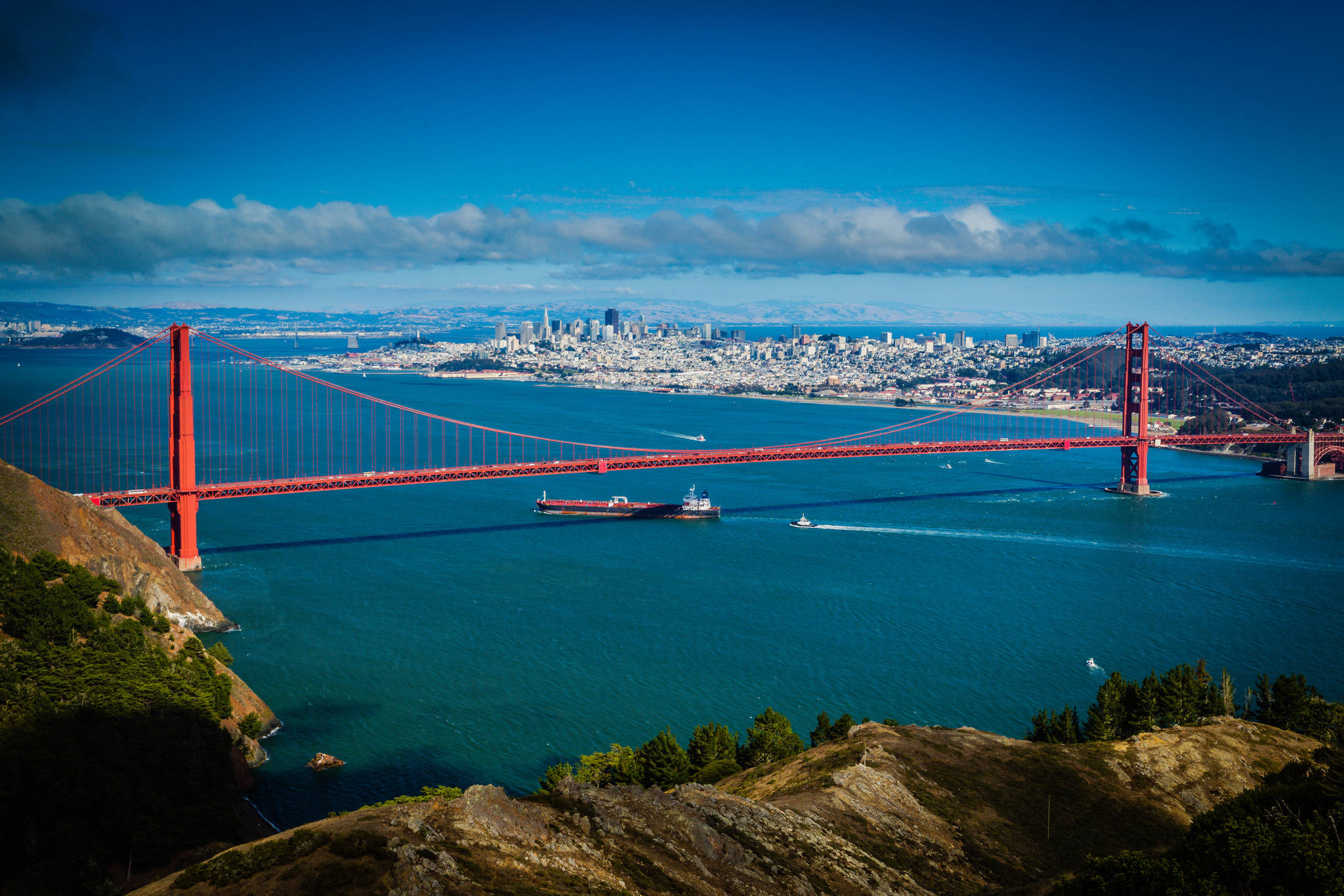 San Francisco, skyline, red suspension bridge, Full HD Desktop Wallpaper