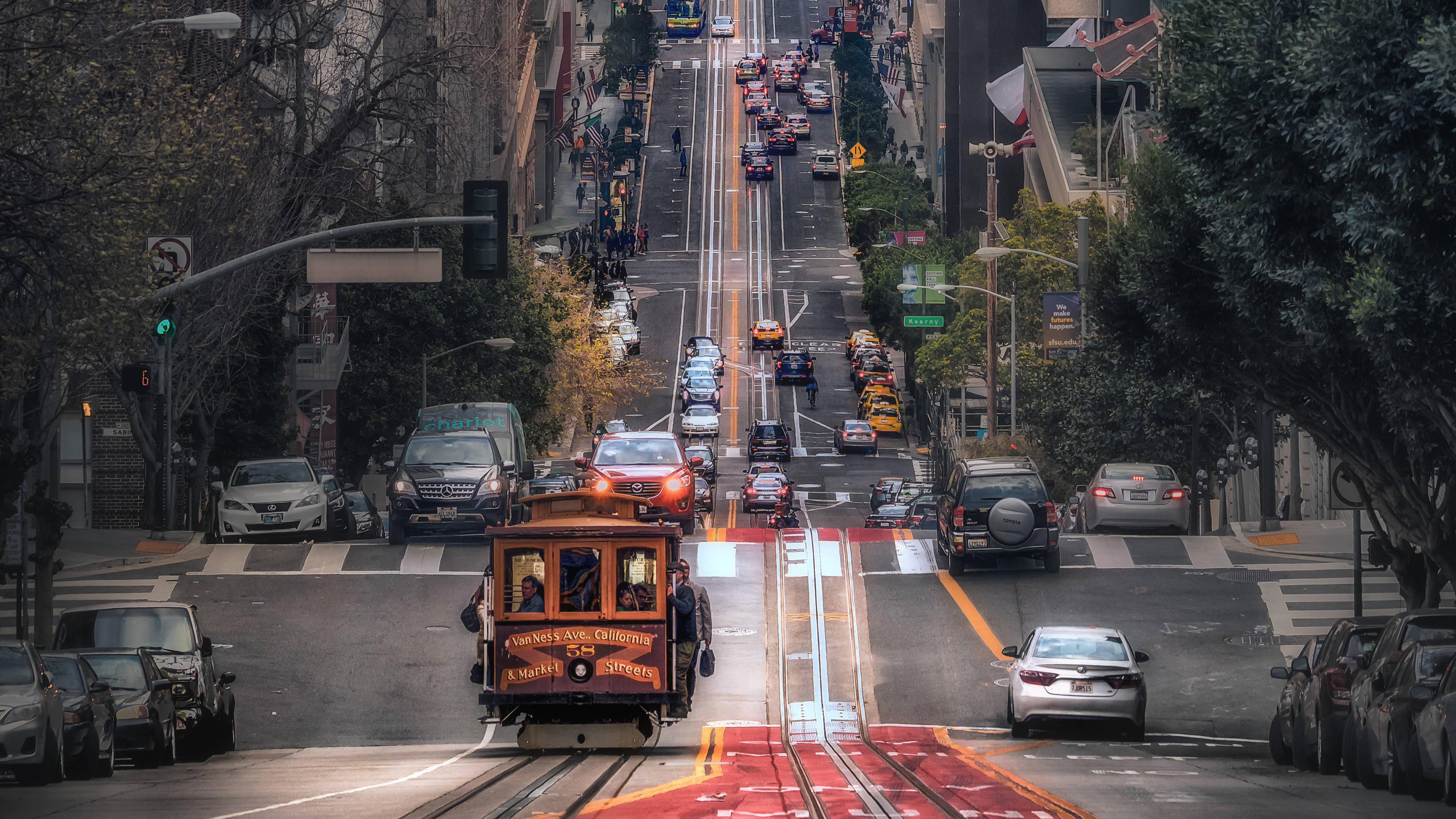 San Francisco, cable car, steep hill, 4K Desktop Wallpaper