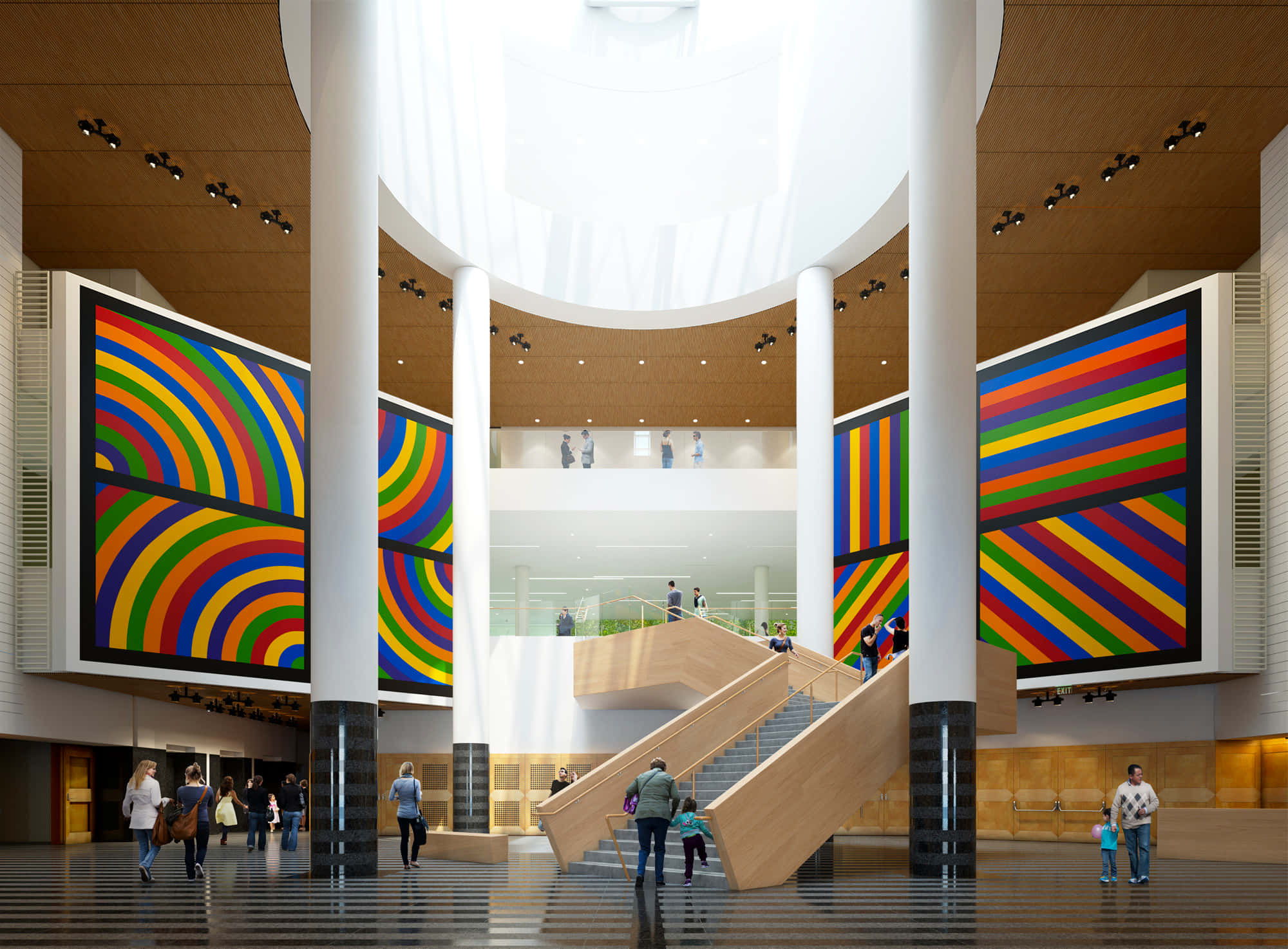 San Francisco Museum Of Modern Art, colorful exhibit hall, sweeping wooden stairs, Full HD Desktop Wallpaper