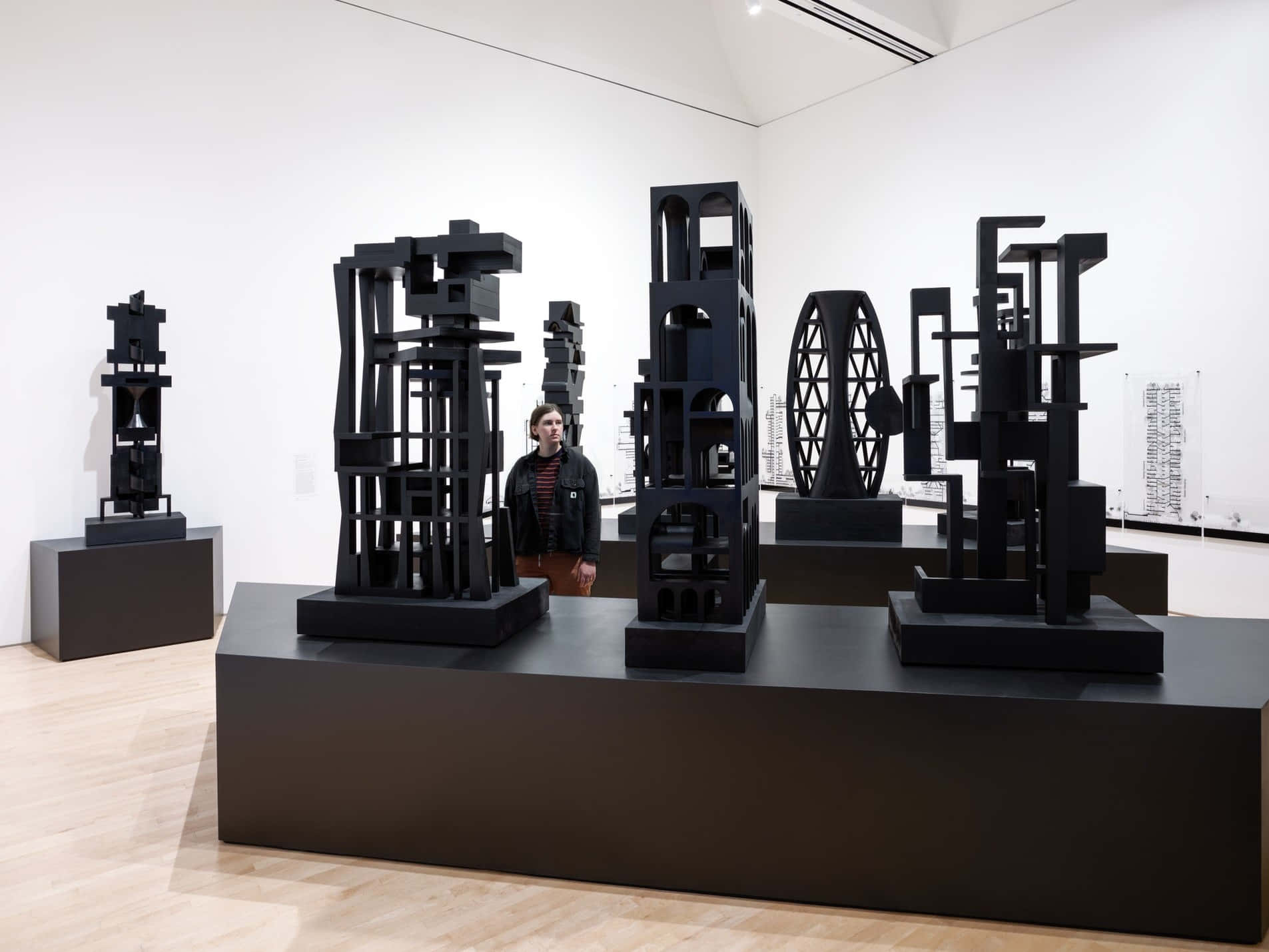 San Francisco Museum Of Modern Art, black geometric sculptures, minimalist white gallery, HD Desktop Wallpaper