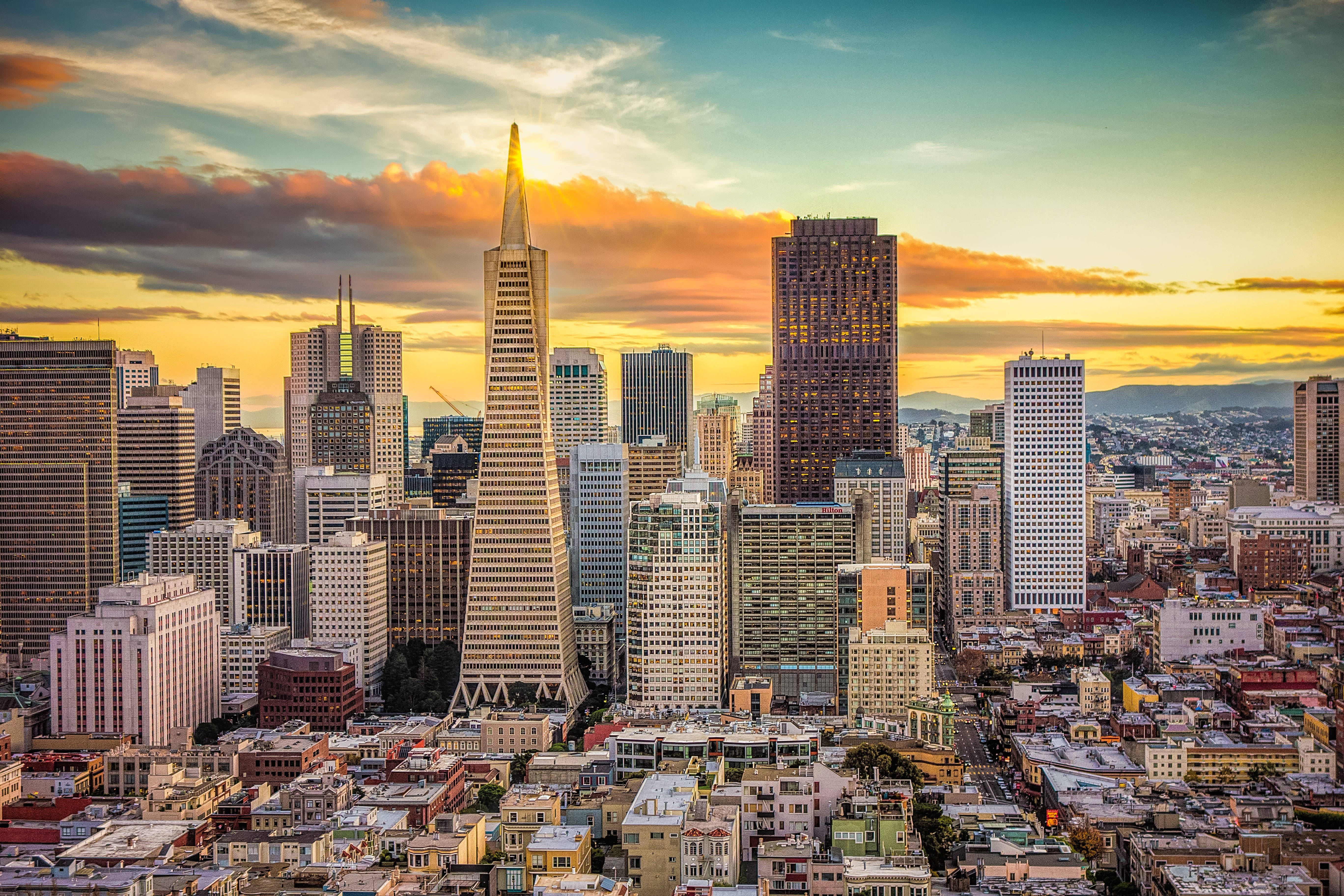 San Francisco Skyline, skyscrapers, golden sunset, 5K Desktop Wallpaper