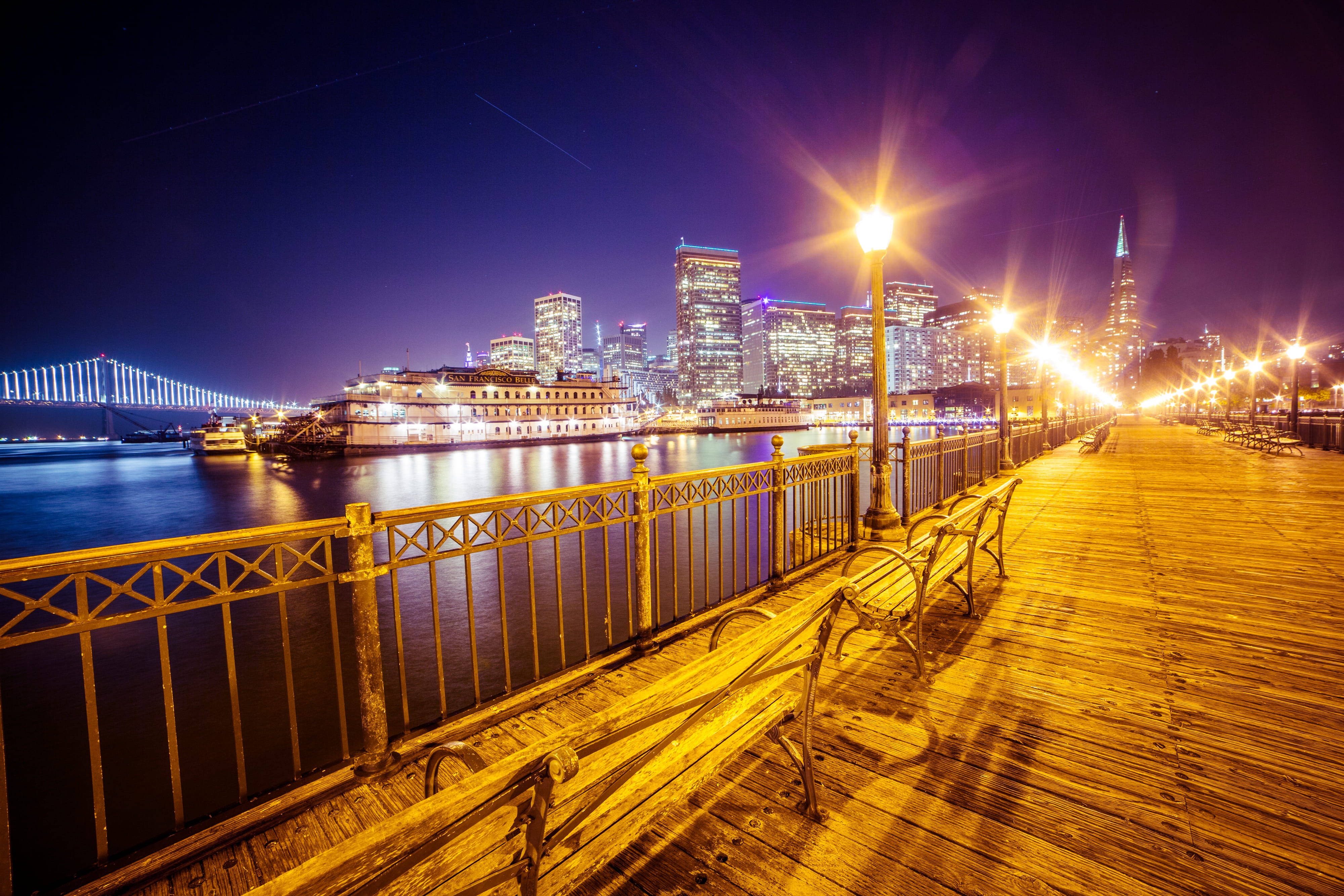 San Francisco Skyline, pier, night, 4K Desktop Wallpaper