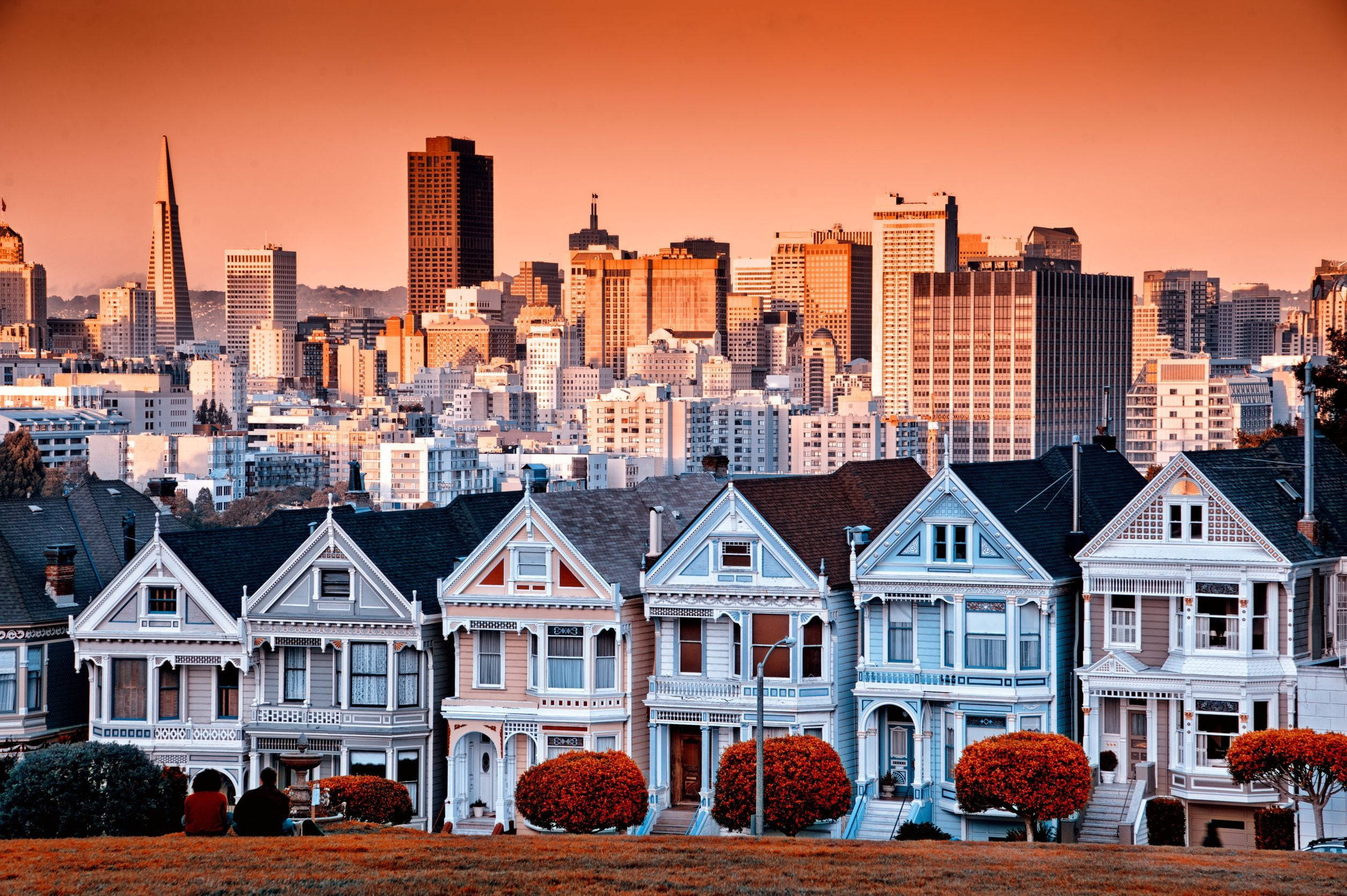 San Francisco, Victorian houses, sunset, Full HD Desktop Wallpaper