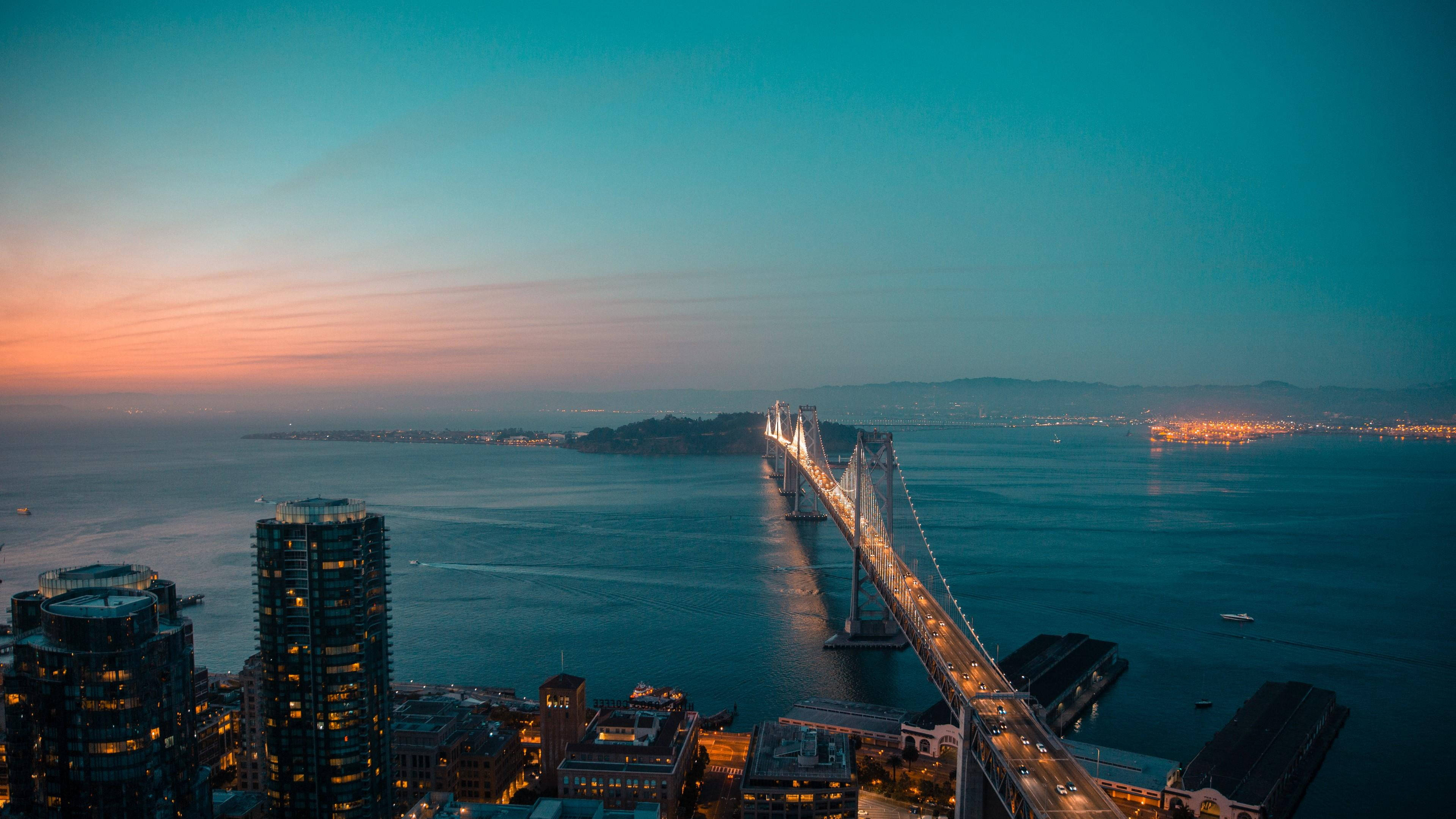 San Francisco Skyline, dusk, suspension bridge, 4K Desktop Wallpaper