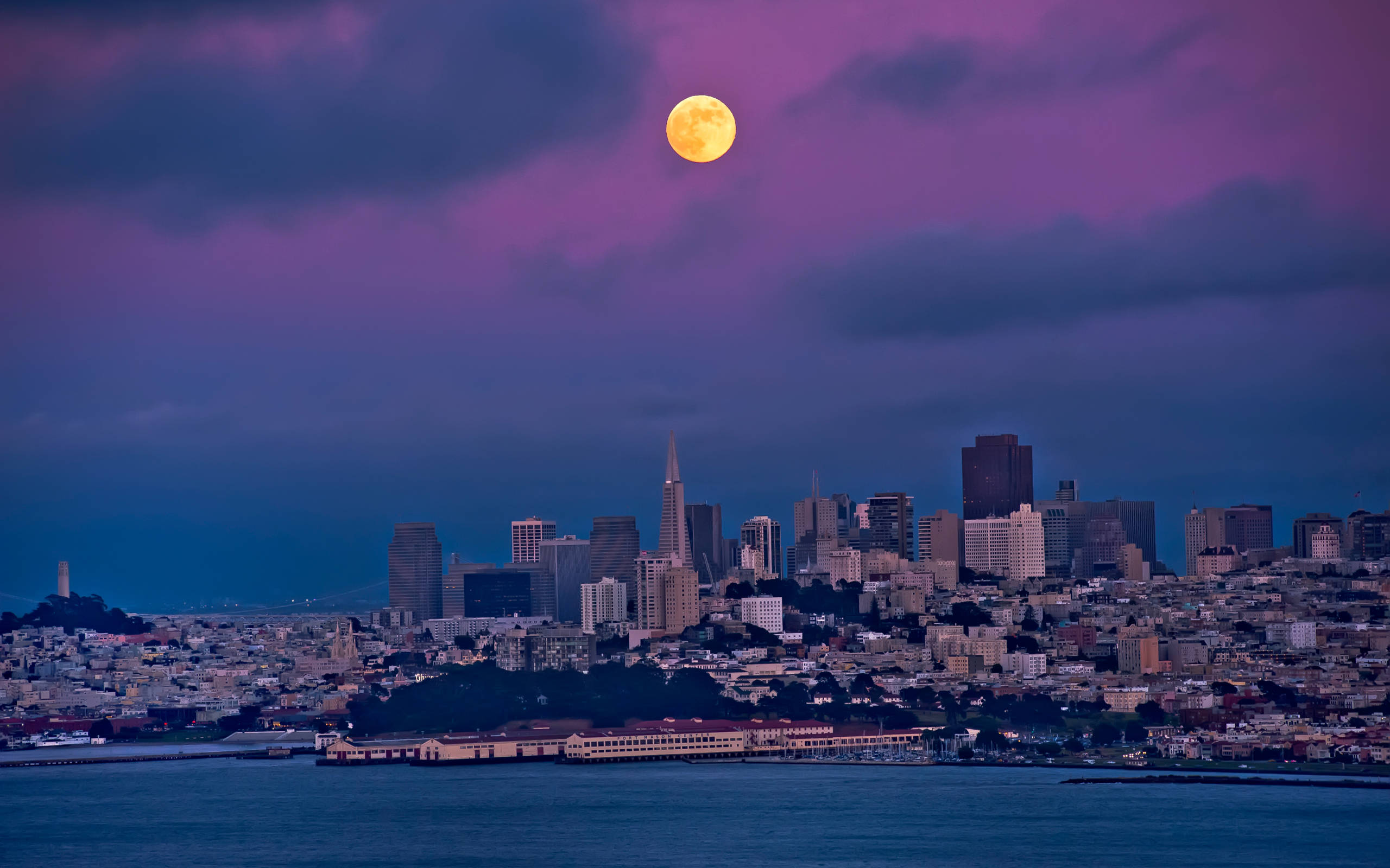 moon, San Francisco skyline, twilight, 2K Desktop Wallpaper