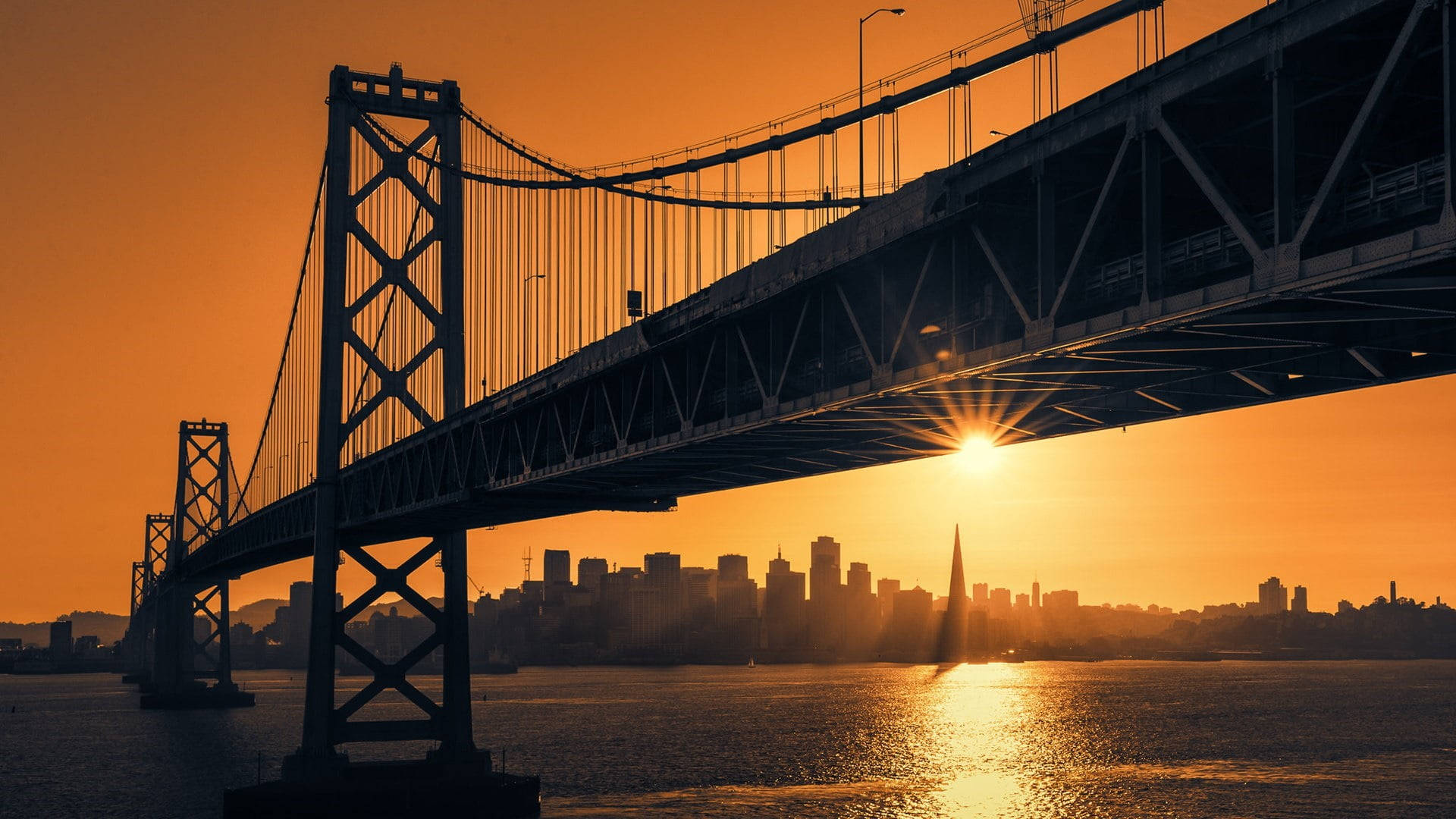 San Francisco Skyline, sunset bridge, fiery orange sunset, Full HD Desktop Wallpaper