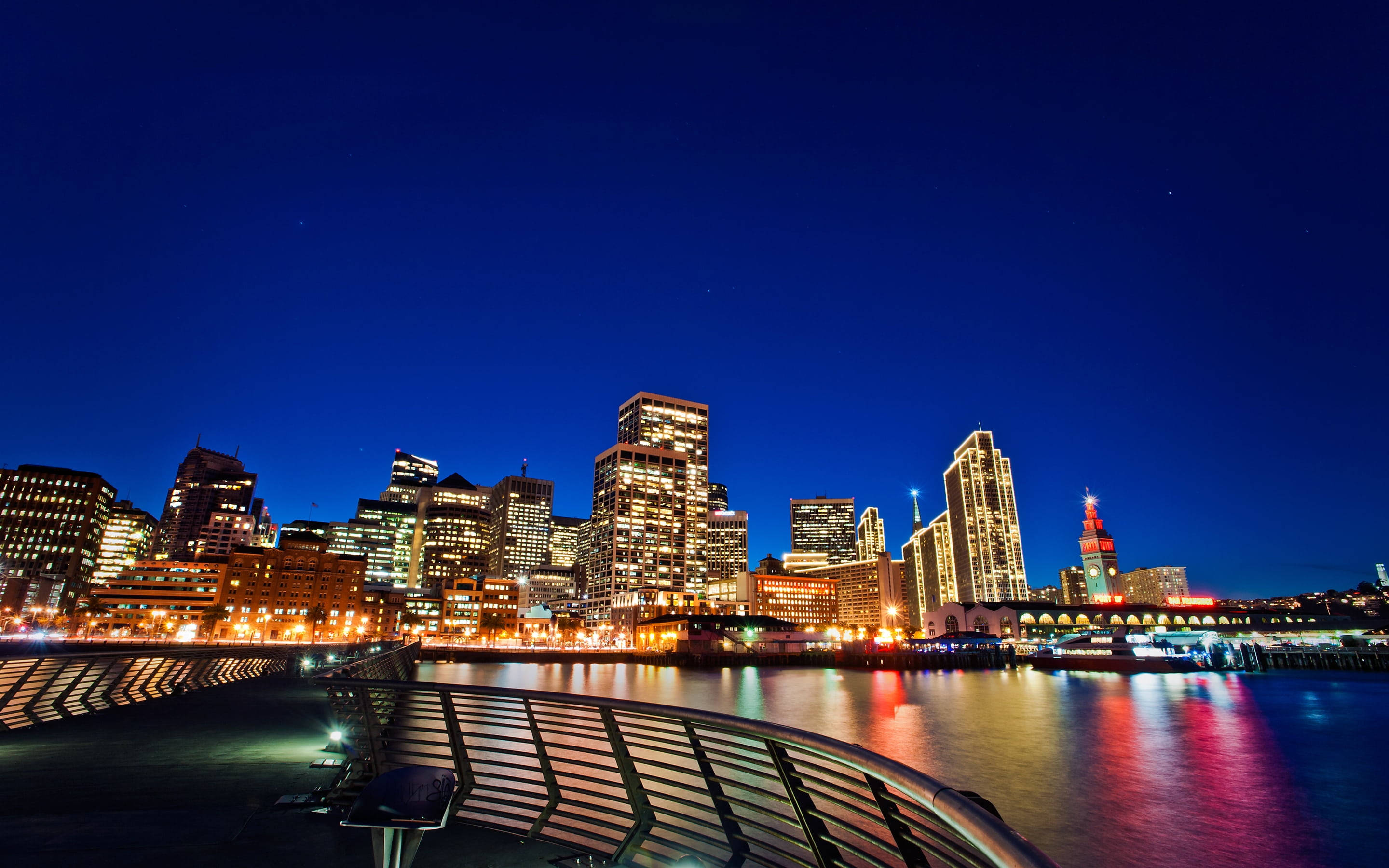 San Francisco Skyline, blue night sky, illuminated skyscrapers, 2K Desktop Wallpaper