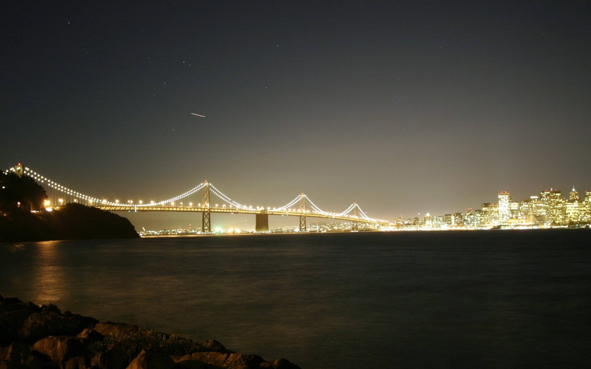 San Francisco Skyline, glowing suspension bridge, dark bay, Full HD Desktop Wallpaper