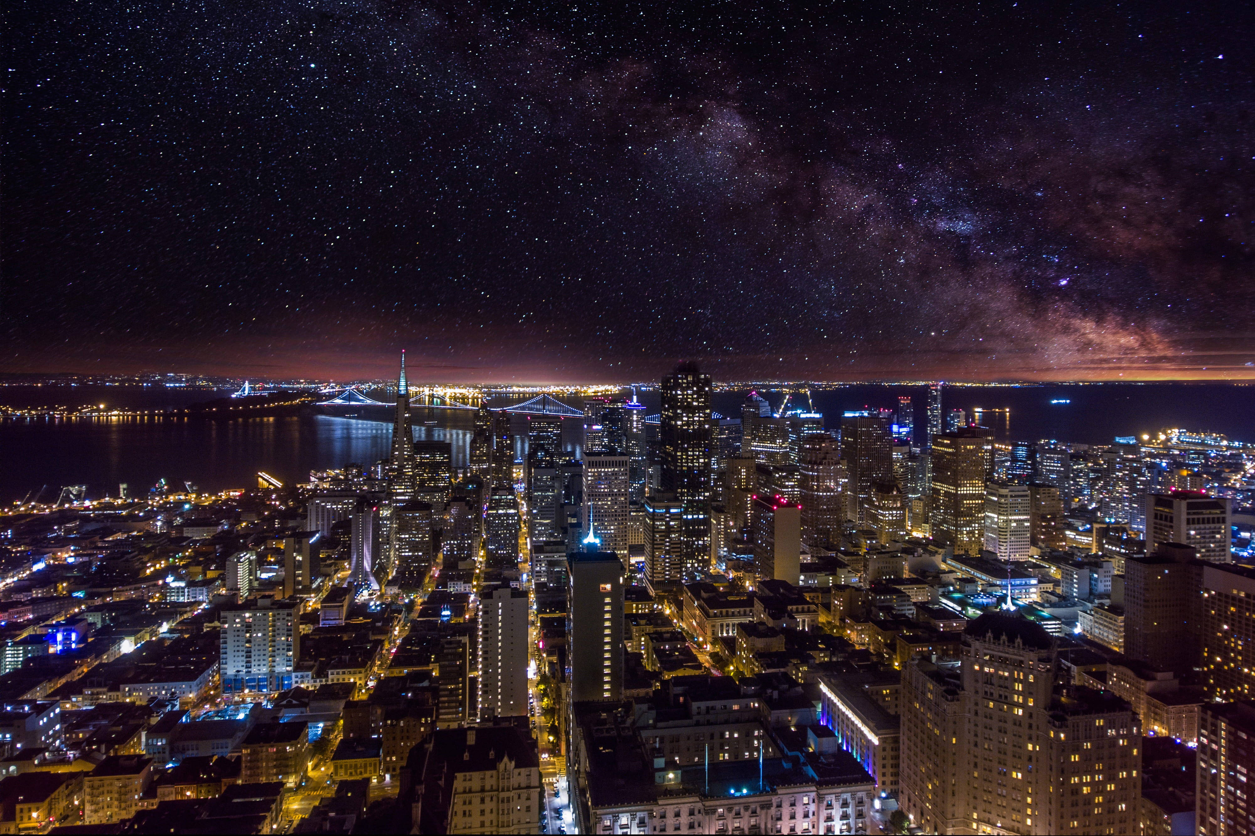 Starry San Francisco Skyline, Milky Way, night cityscape, 4K Desktop Wallpaper