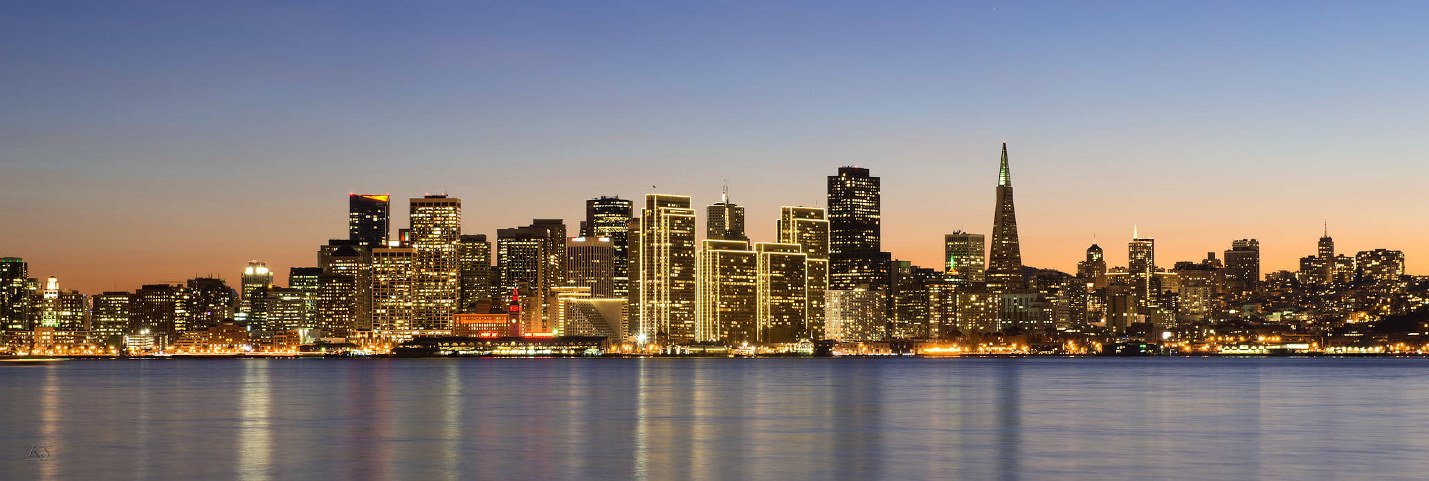 San Francisco Skyline, dusk, golden lights, Full HD Desktop Wallpaper