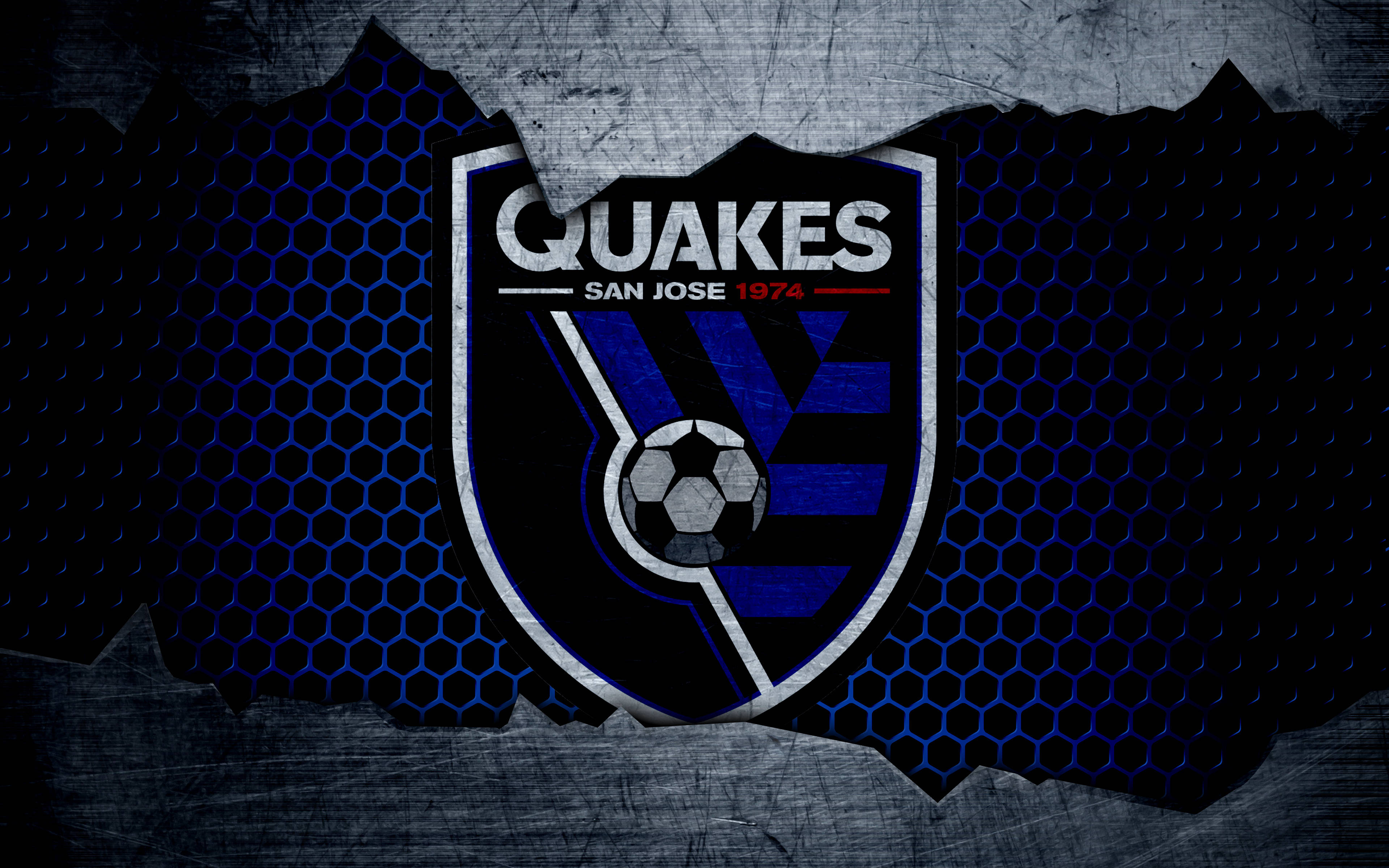 San Jose Earthquakes, soccer crest, torn metallic surface, 4K Desktop Wallpaper