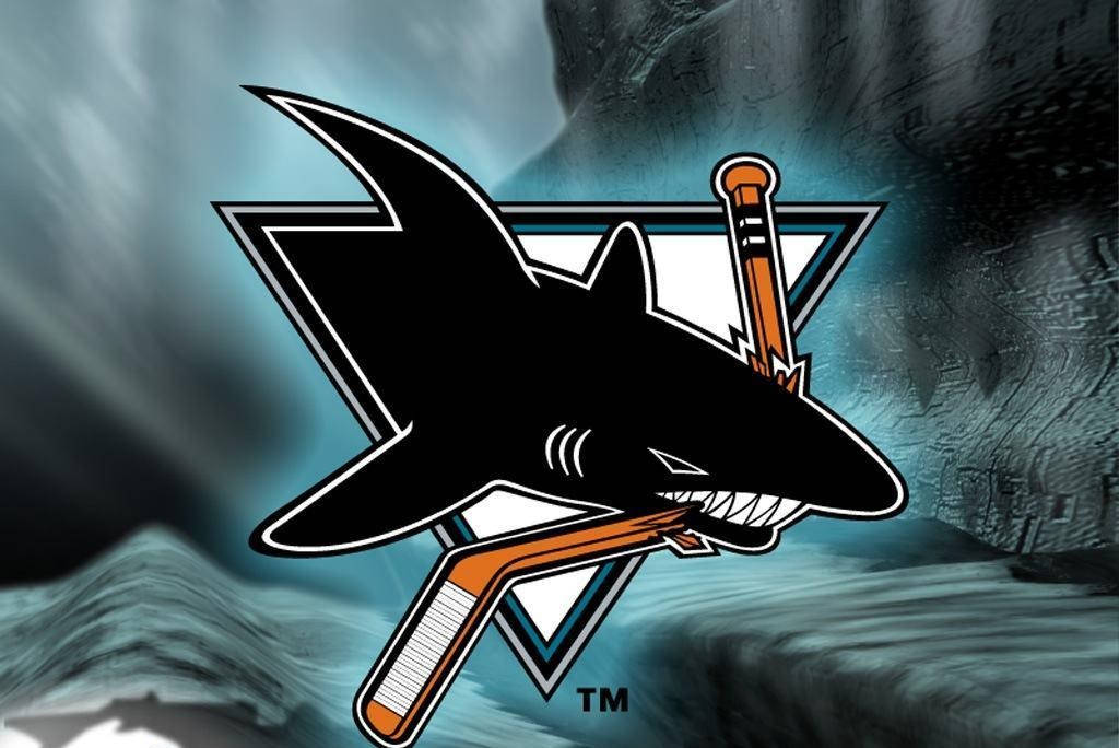 San Jose Sharks, black shark logo, orange hockey stick, SD Desktop Wallpaper