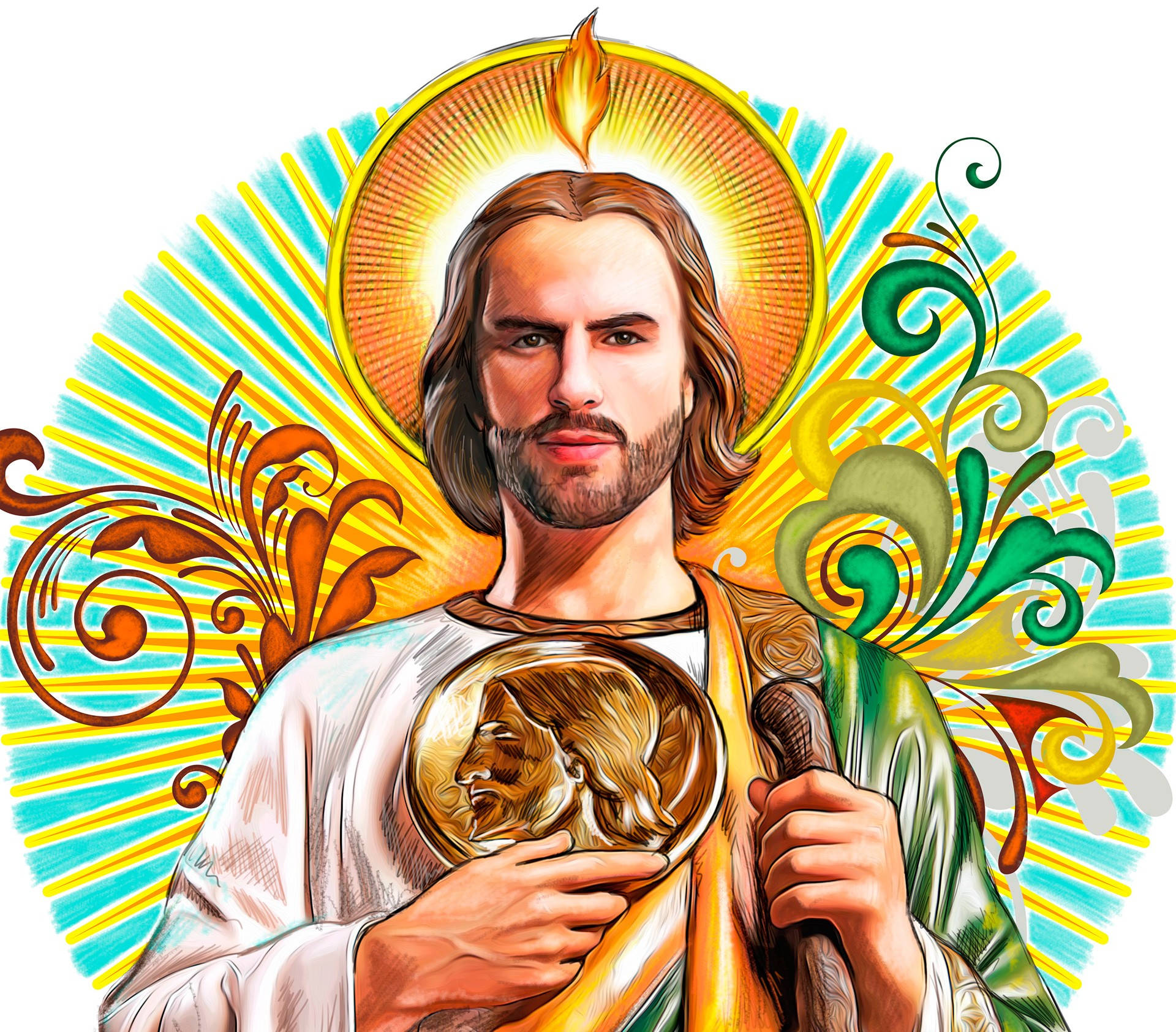 San Judas, golden halo, medallion, Full HD Desktop Wallpaper