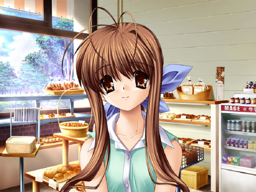 Sanae Furukawa, brown hair, blue bow, SD Desktop Wallpaper