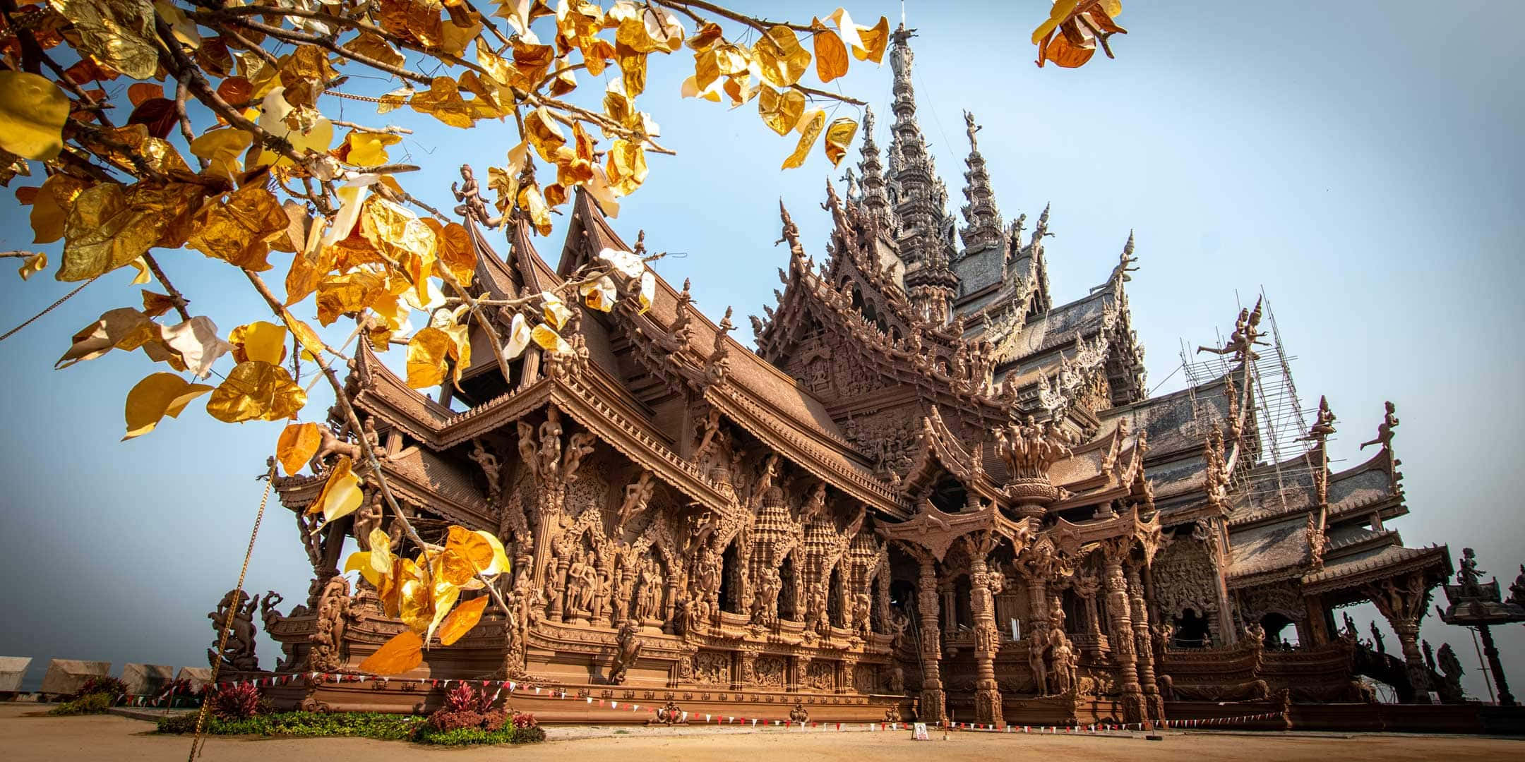 Sanctuary Of Truth, golden leaves, intricately carved wooden temple, Full HD Desktop Wallpaper
