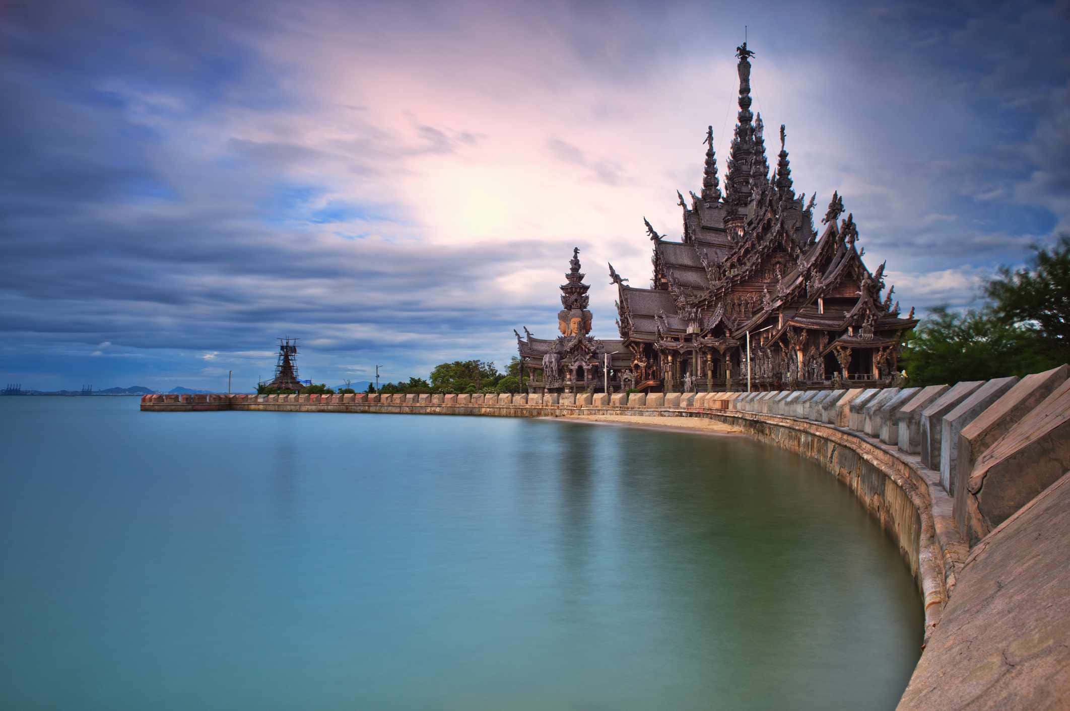 Sanctuary Of Truth, twilight sky, calm turquoise waters, Full HD Desktop Wallpaper