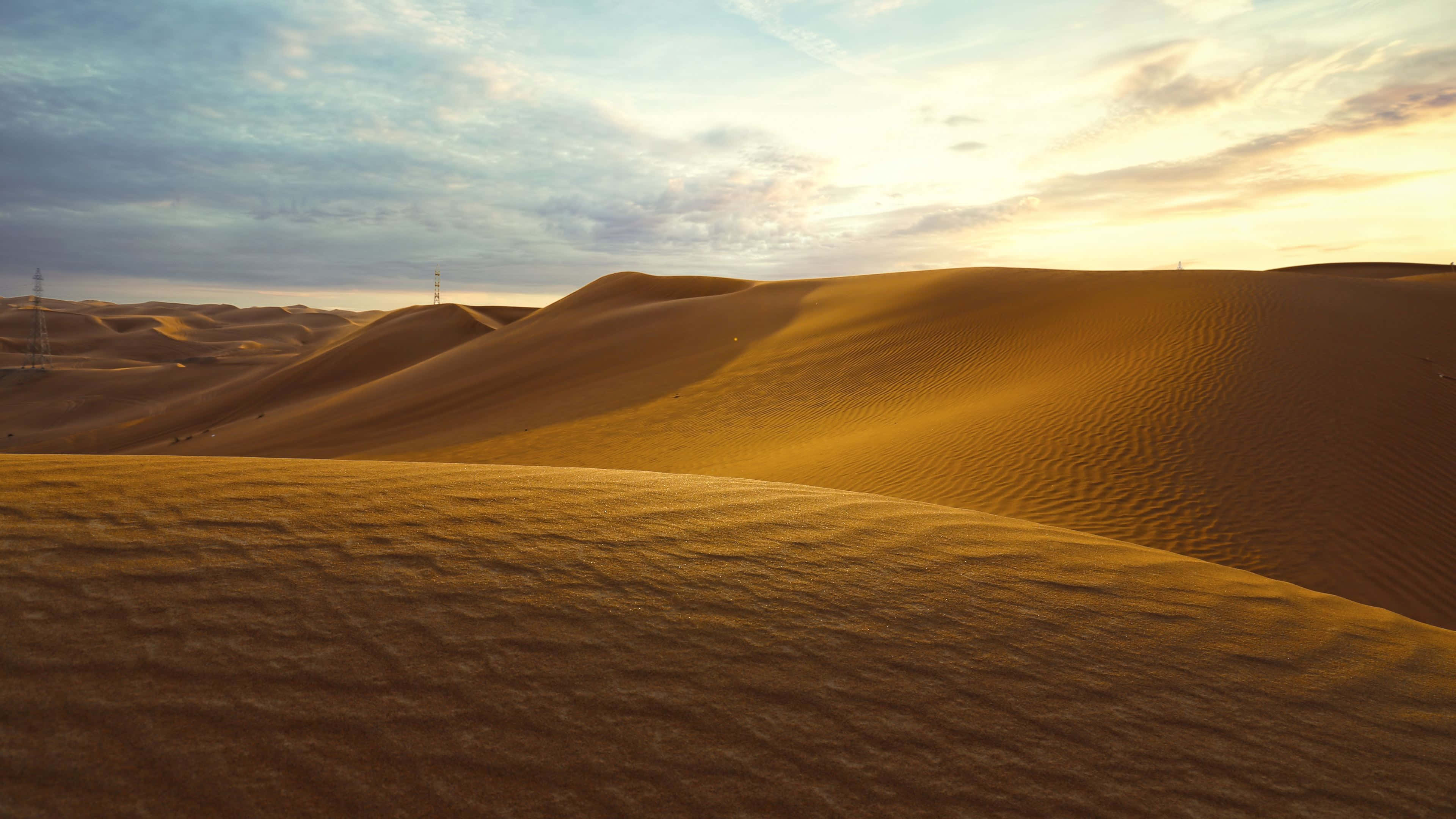 sand dunes, sunset, golden sand dunes, 4K Desktop Wallpaper