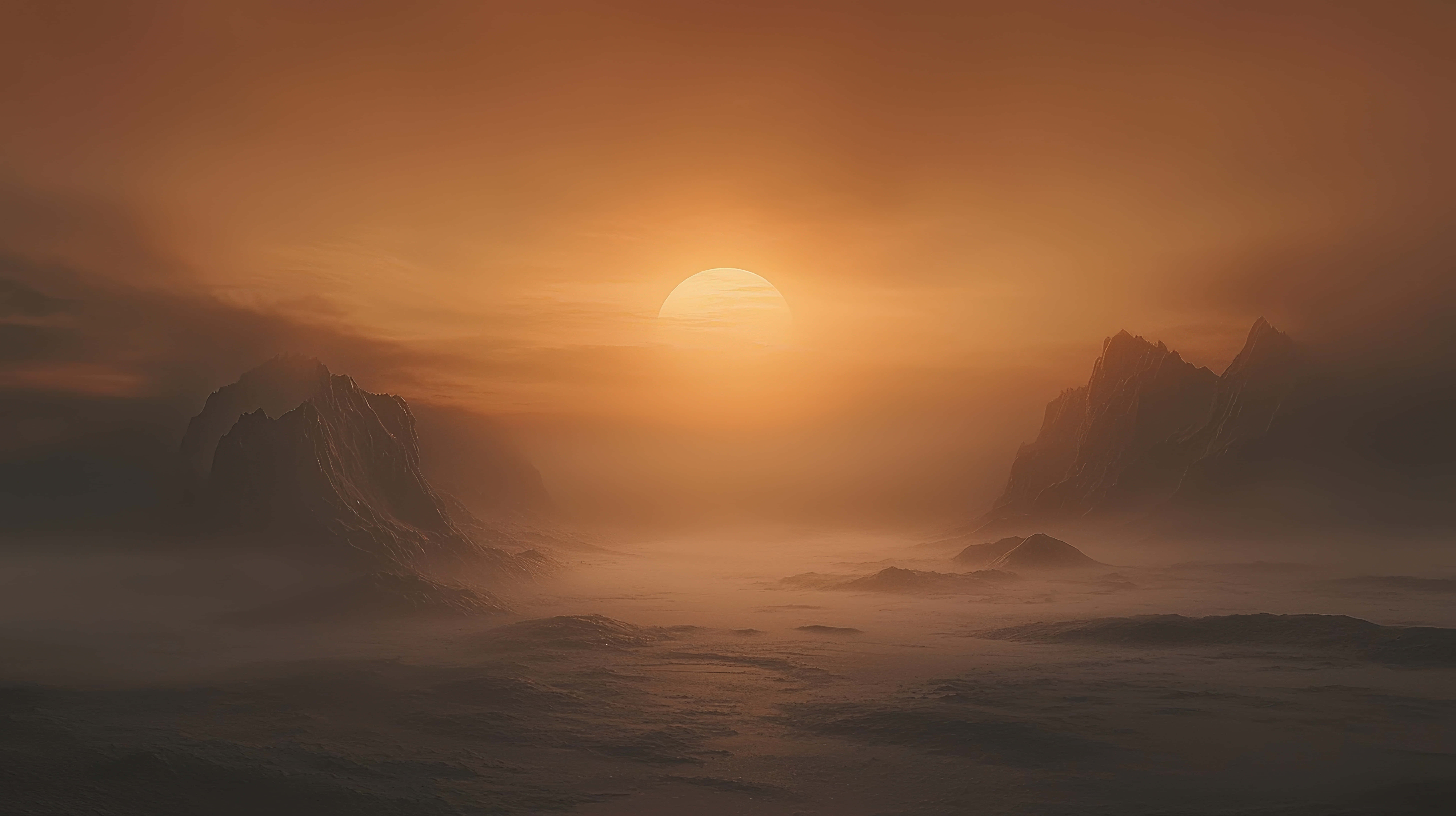 mystical desert sunset, fog, mountains, 8K Desktop Wallpaper