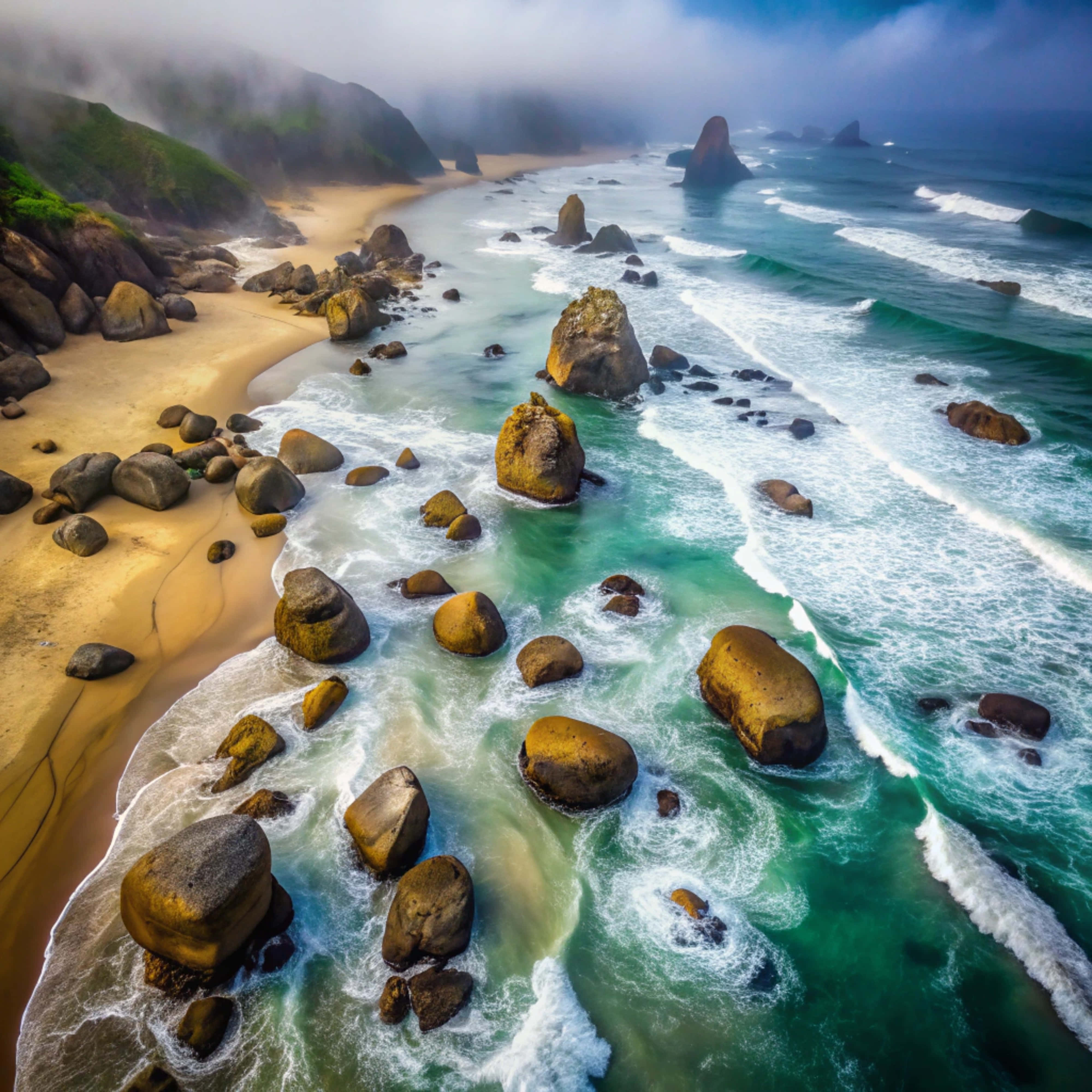 aerial view, misty coastline, turquoise waves, 4K Desktop Wallpaper