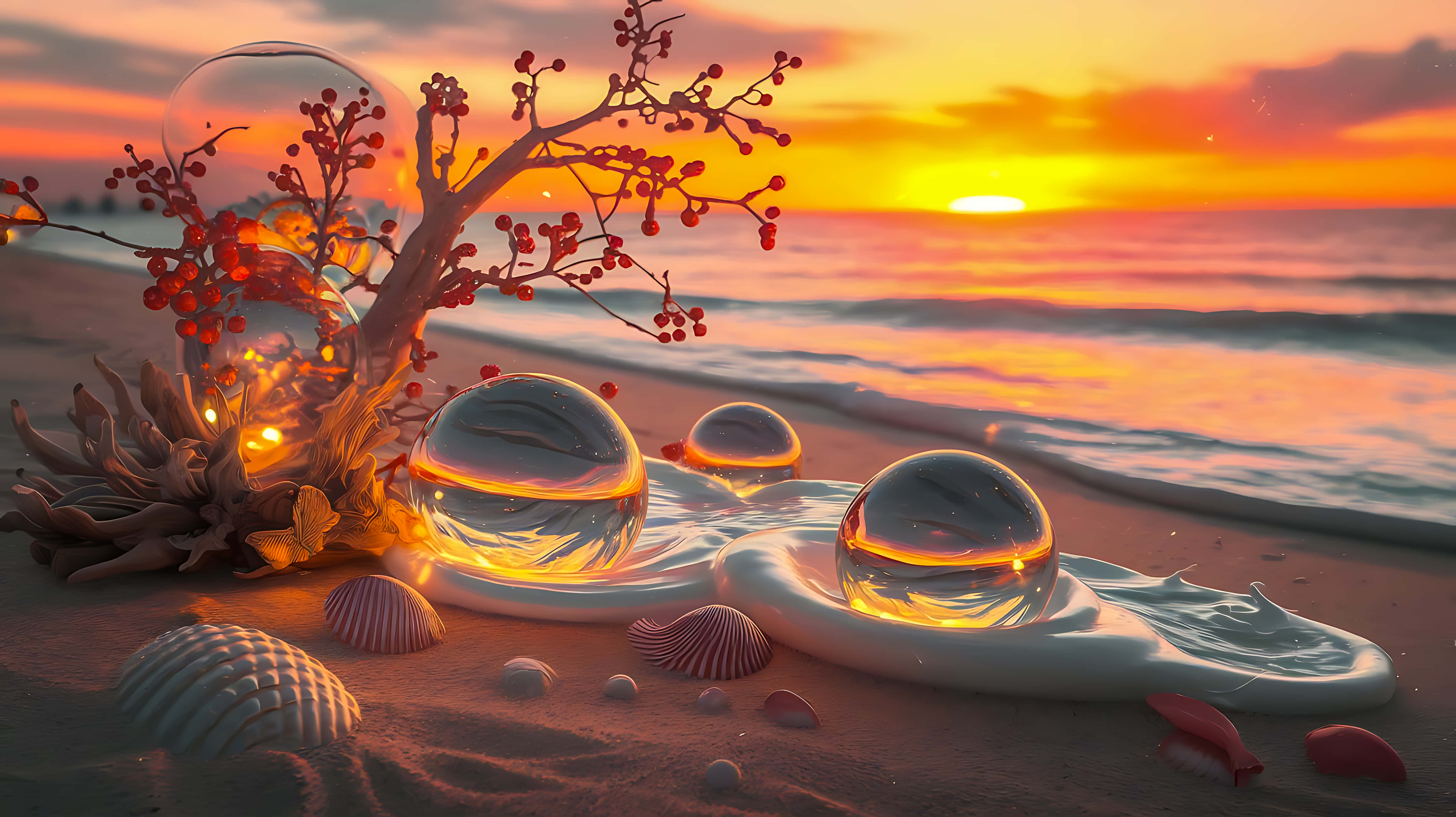 sunset beach scene, glass orbs, golden sky, 5K Desktop Wallpaper