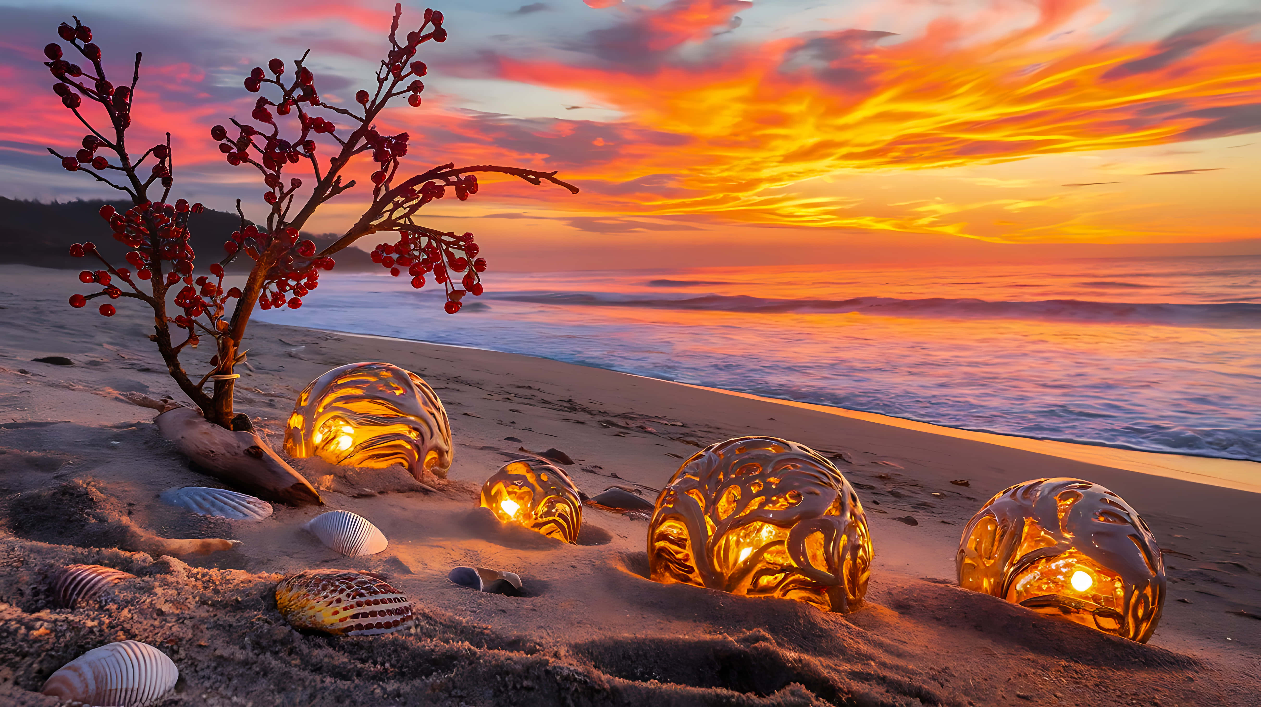 golden ornate lanterns, sandy beach, berry-laden branch, 5K Desktop Wallpaper