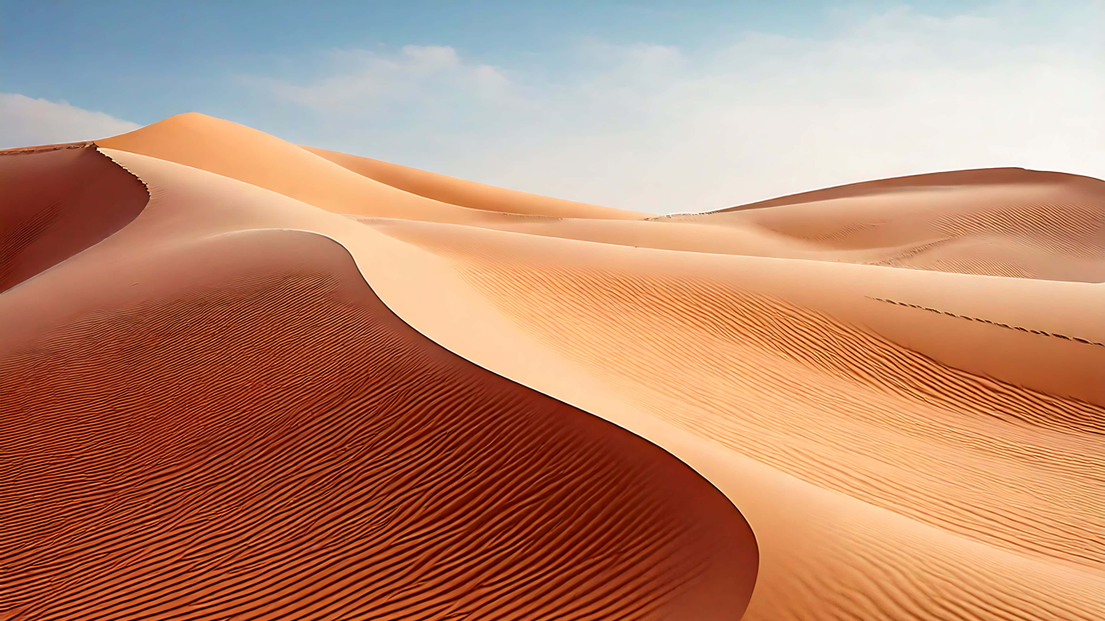 golden sand dunes, clear blue sky, soft white clouds, 4K Desktop Wallpaper