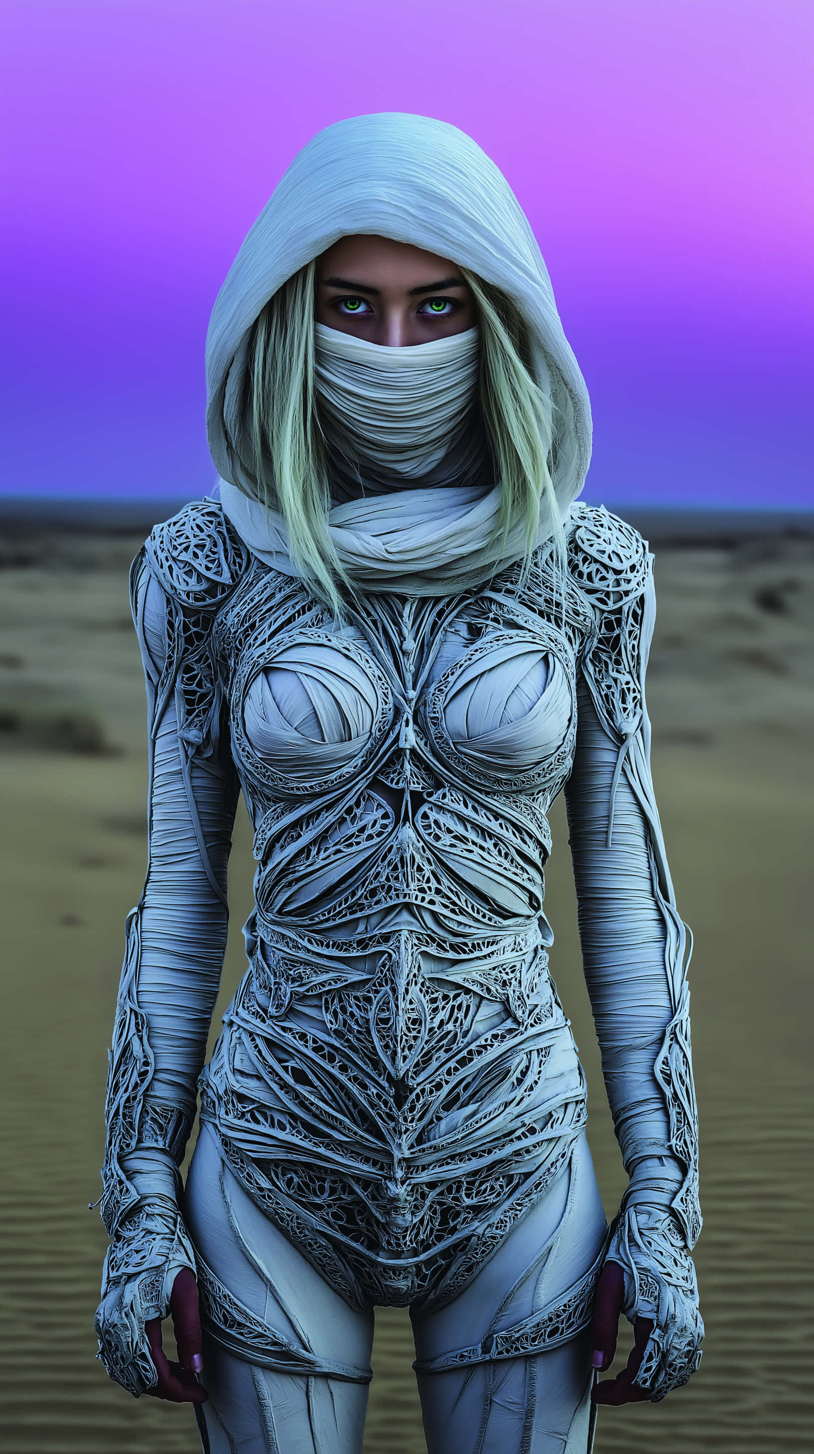 dystopian figure, intricate white wrappings, desert, 2K Phone Wallpaper