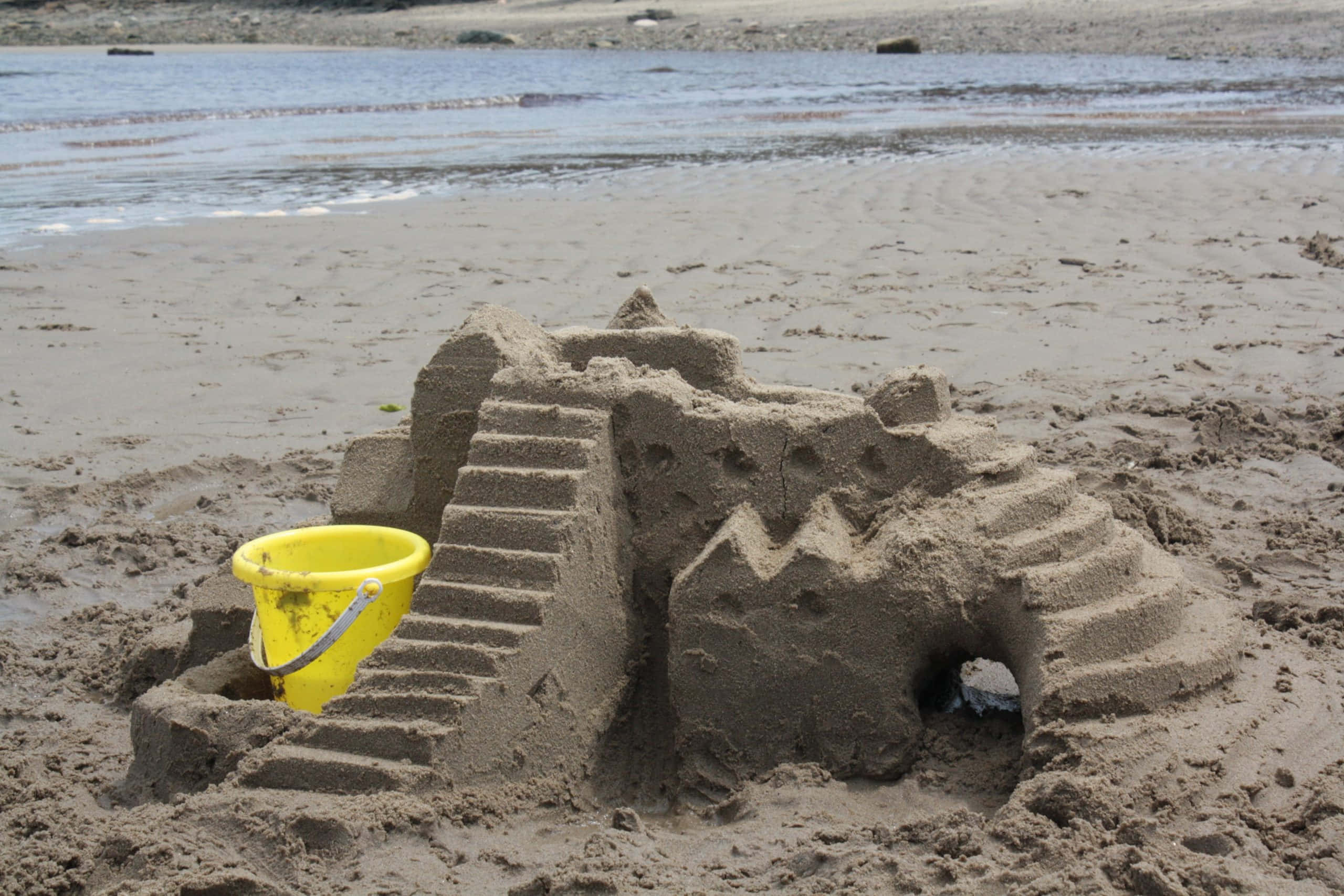 Sandcastles, Sunset, wet beach, 2K Desktop Wallpaper