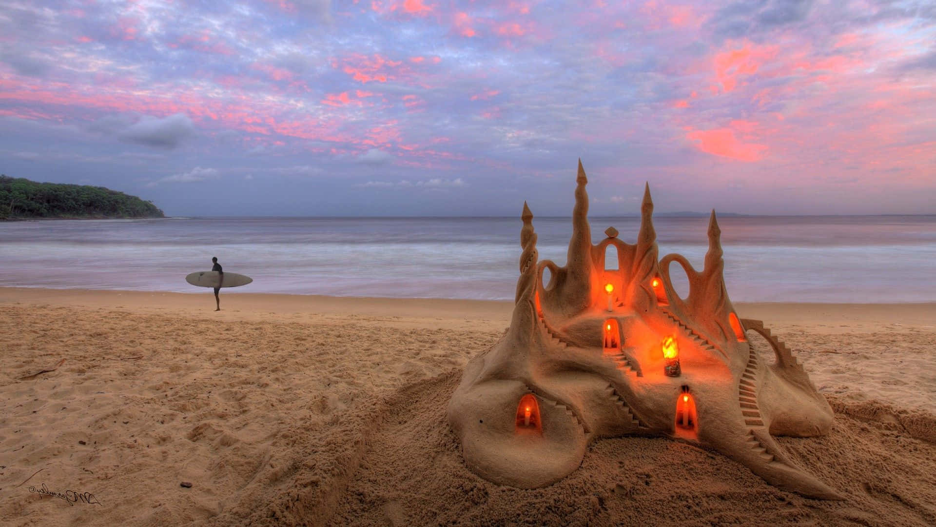 Sandcastles, pink and purple sunset sky, glowing sandcastle, Full HD Desktop Wallpaper