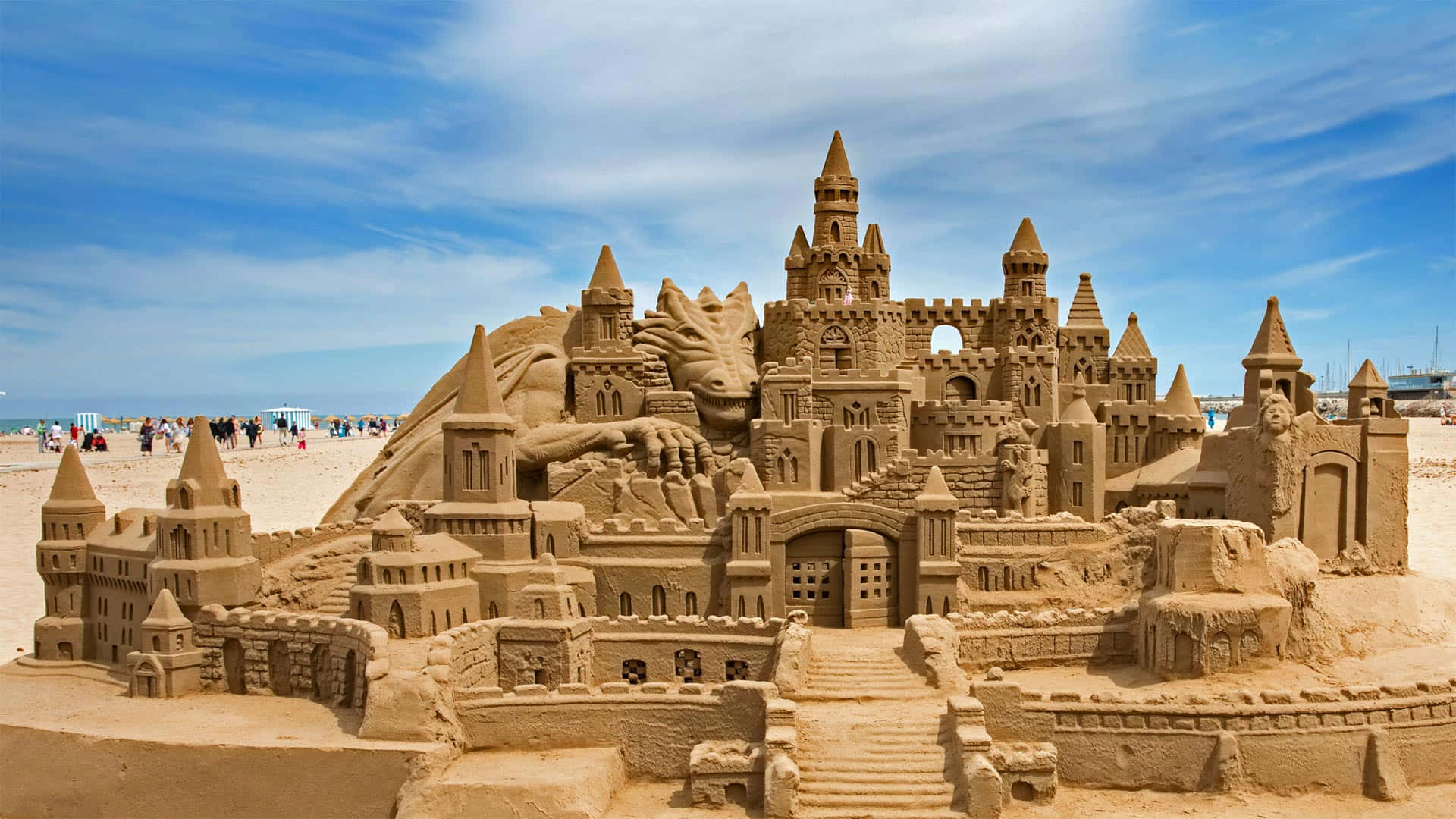 sandcastles, sunny beach, blue sky, Full HD Desktop Wallpaper
