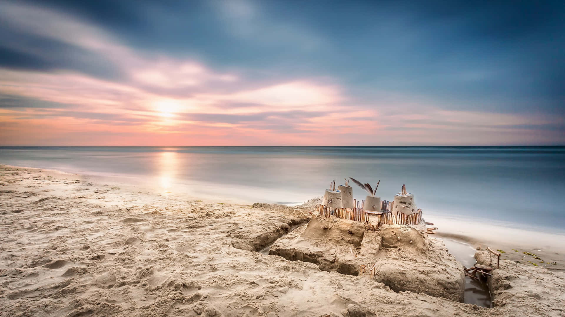Sandcastles, sunset, beach, Full HD Desktop Wallpaper