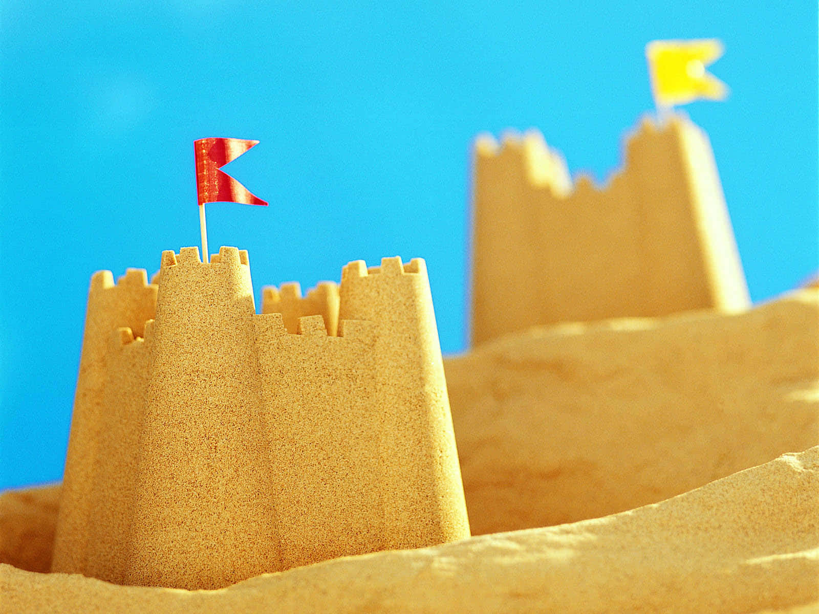 Sandcastles, sunny beach, vivid blue sky, HD Desktop Wallpaper