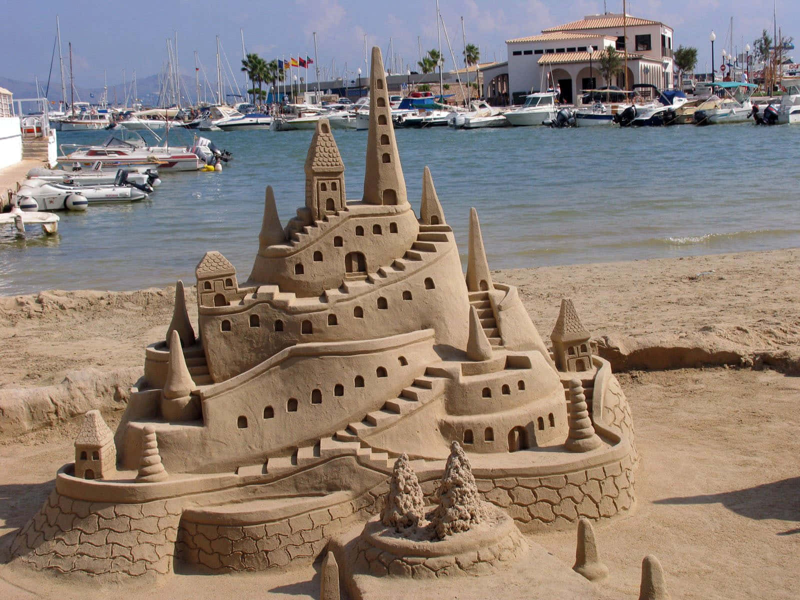 Sandcastles, sunny beach, marina, HD Desktop Wallpaper