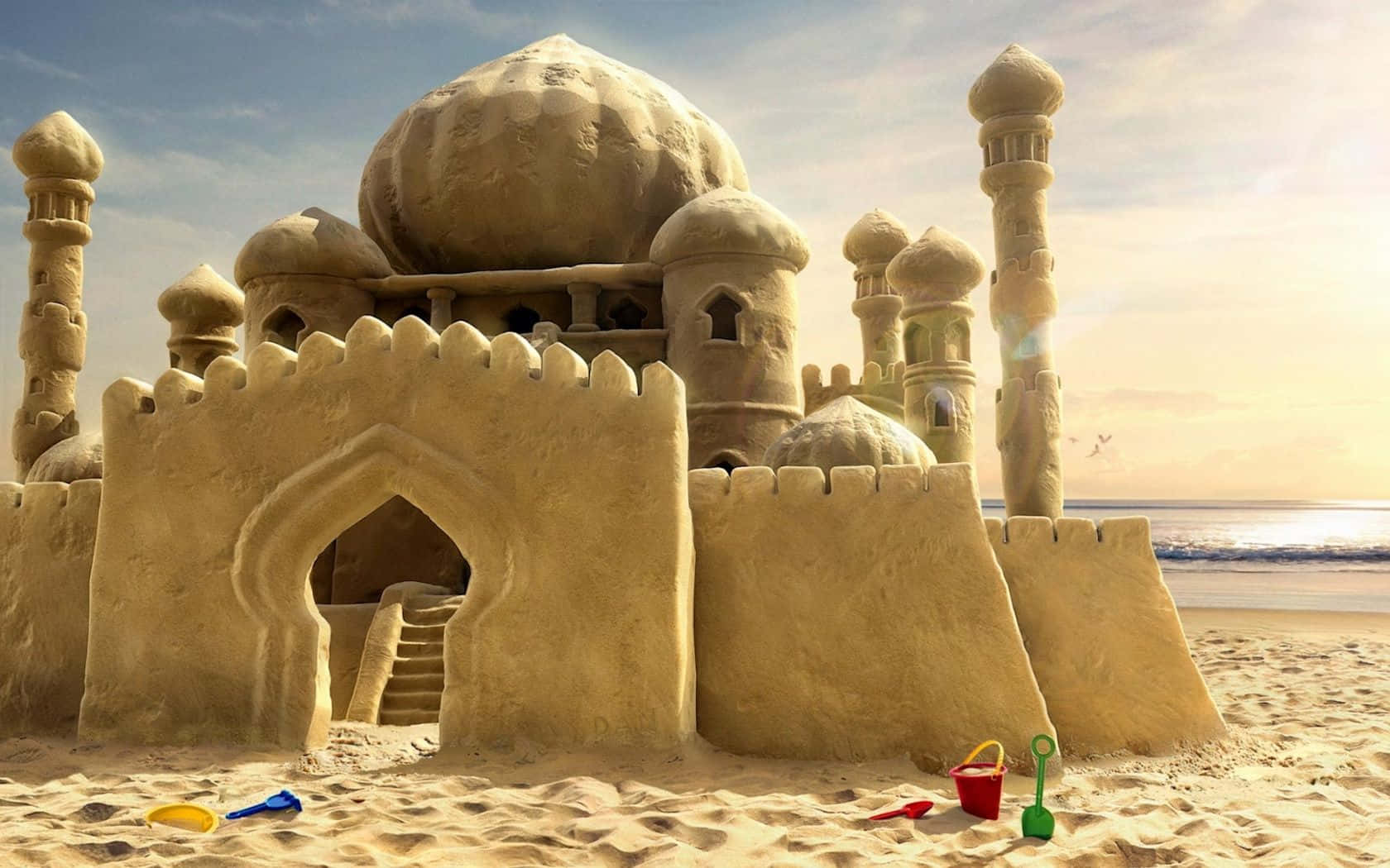 Sandcastles, sunny beach, ocean waves, HD Desktop Wallpaper