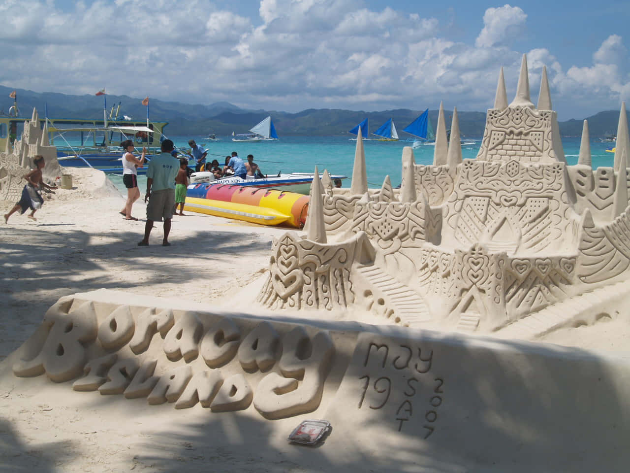sandcastles, turquoise water, sailboats, HD Desktop Wallpaper