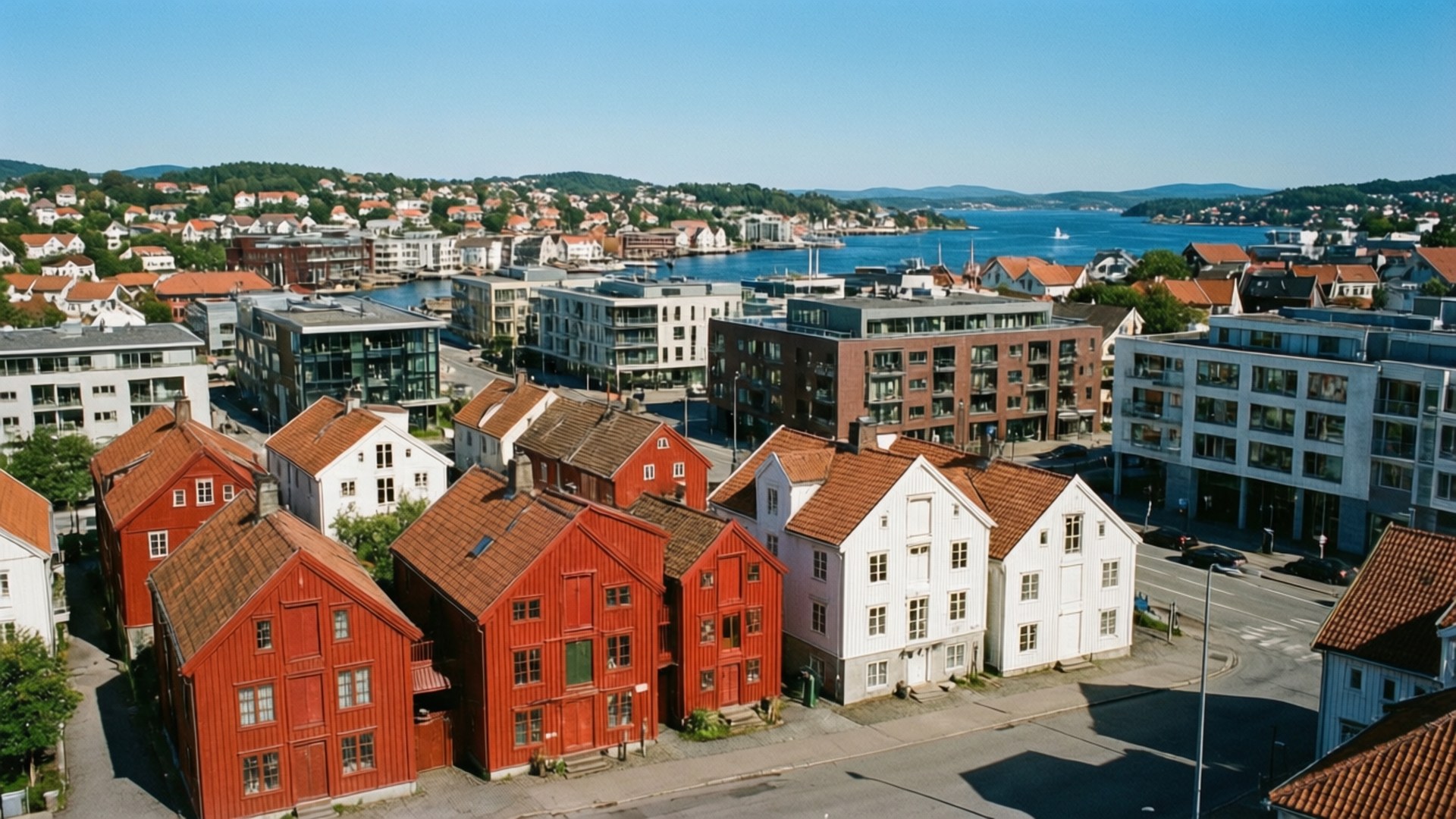 Sandefjord, red and white wooden houses, modern waterfront city, Full HD Desktop Wallpaper