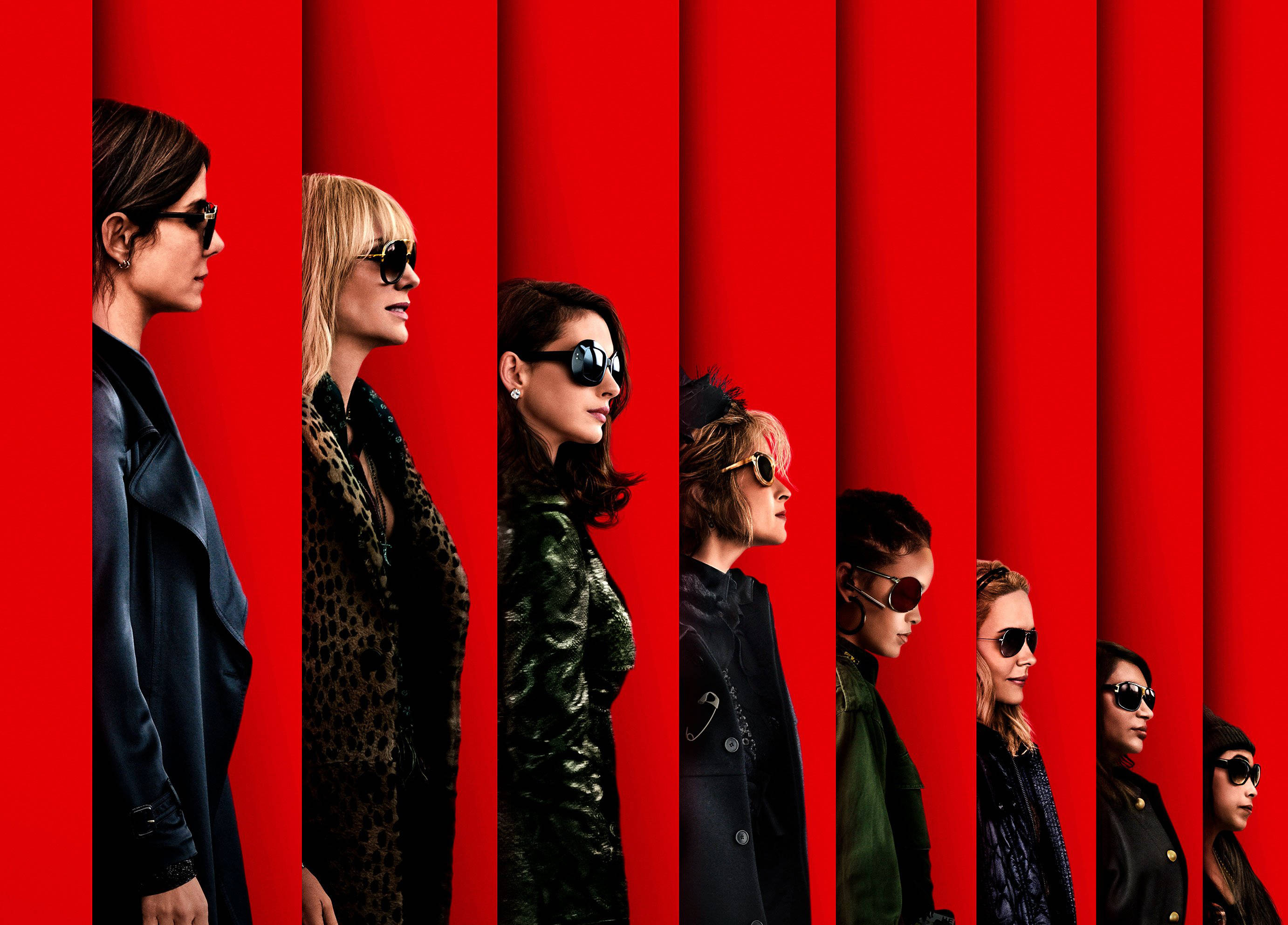 Ocean's 8, Sandra Bullock, red vertical stripes, 2K Desktop Wallpaper