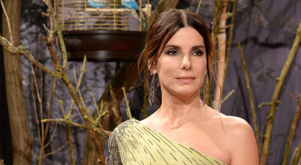 Sandra Bullock, shimmering gold one-shoulder gown, bare tree branches, SD Desktop Wallpaper