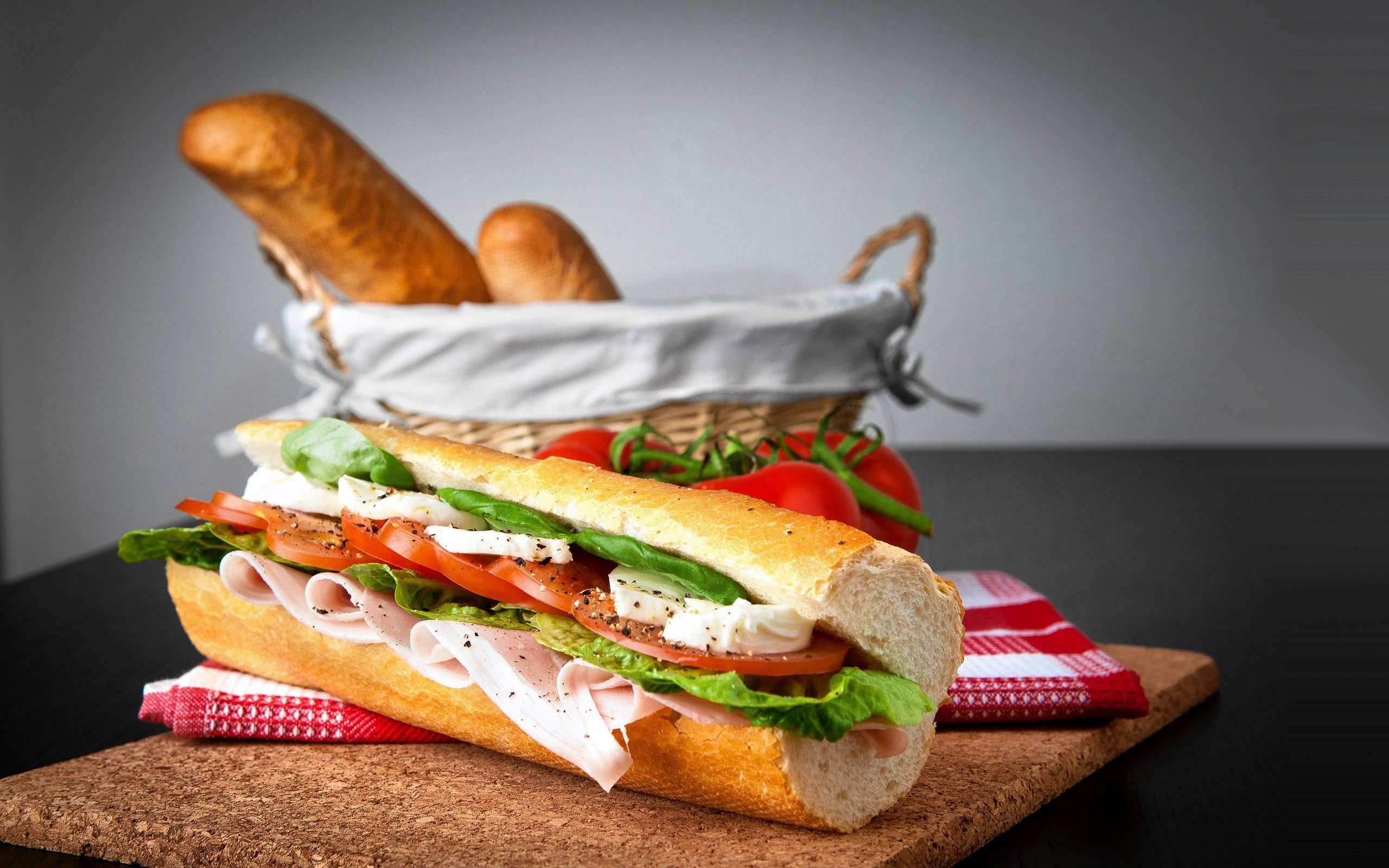 footlong sandwich, baguette sandwich, ham tomato mozzarella, 2K Desktop Wallpaper