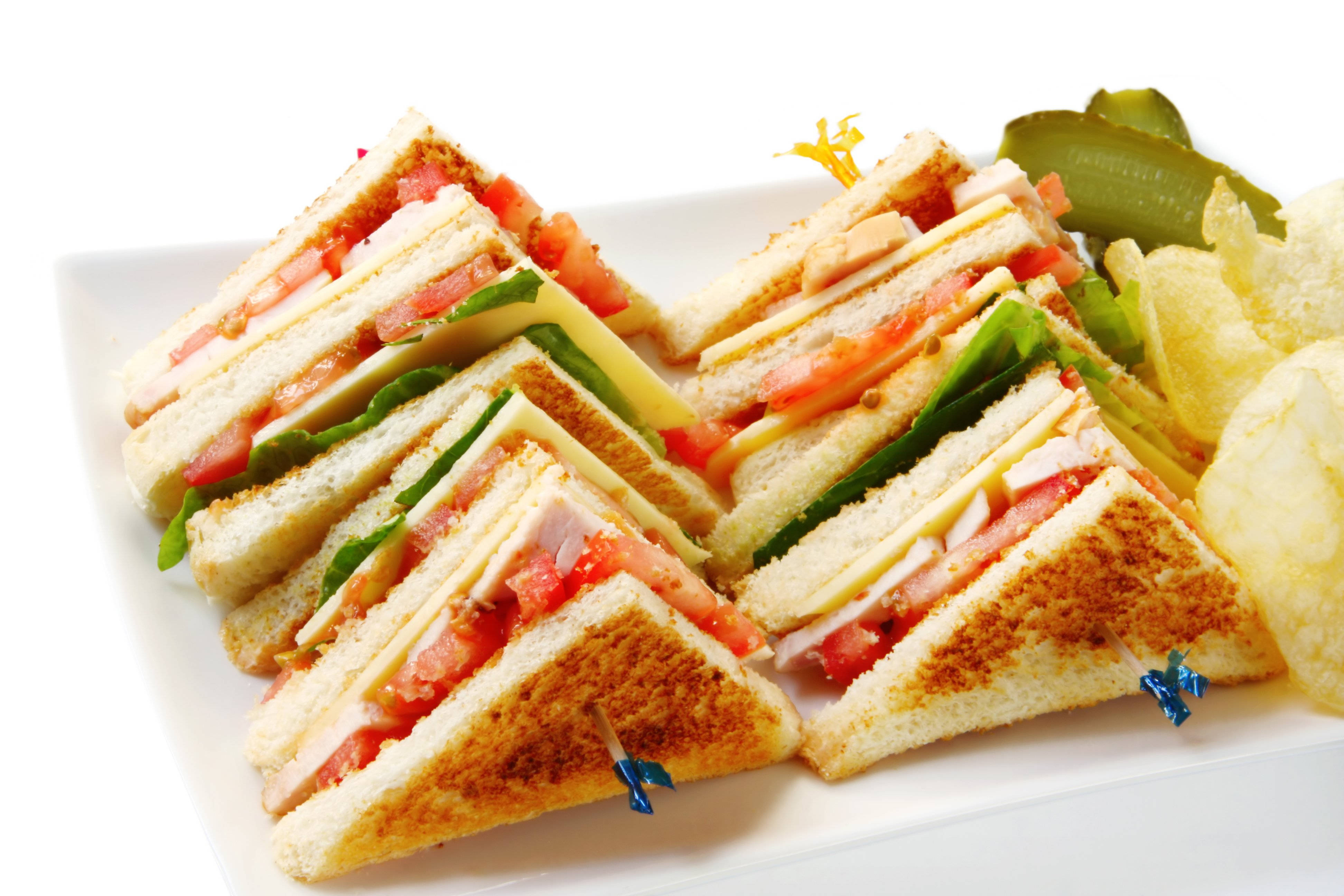 sandwich skewers, golden-brown toasted triangle sandwiches, tomato lettuce cheese and meat, 4K Desktop Wallpaper