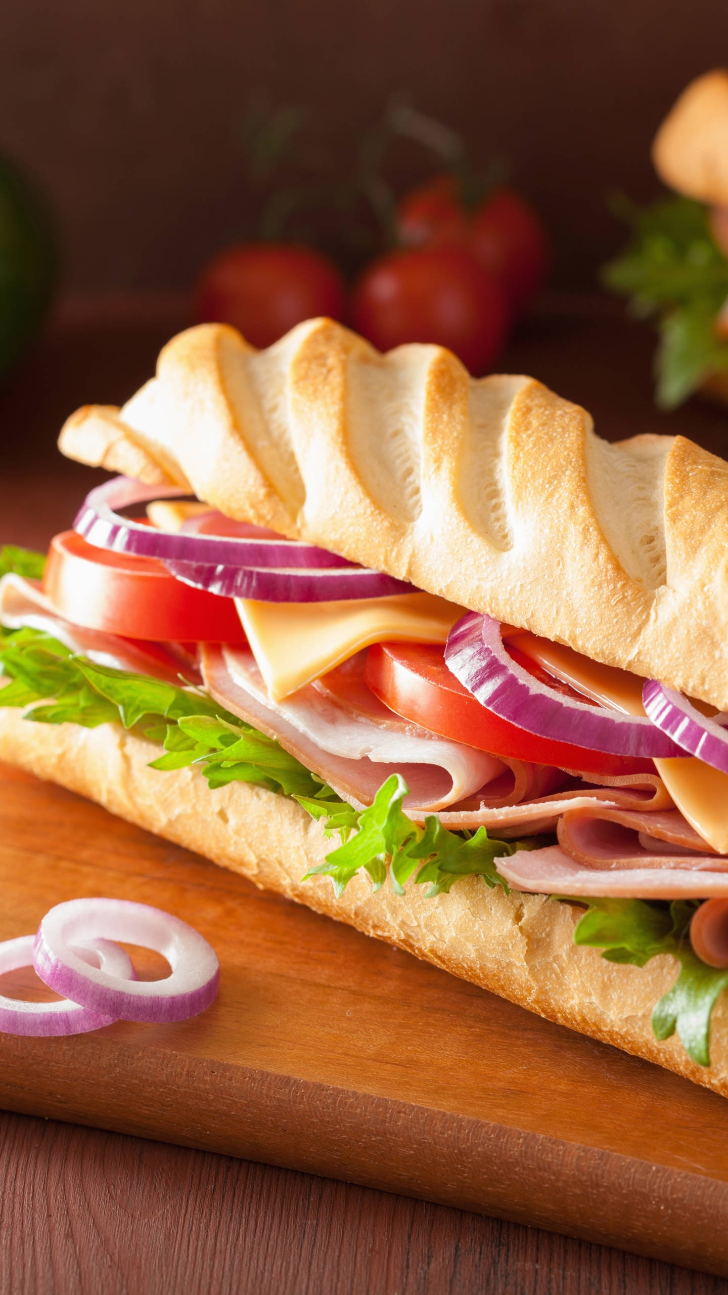 baguette sandwich, ham, tomato, 2K Phone Wallpaper
