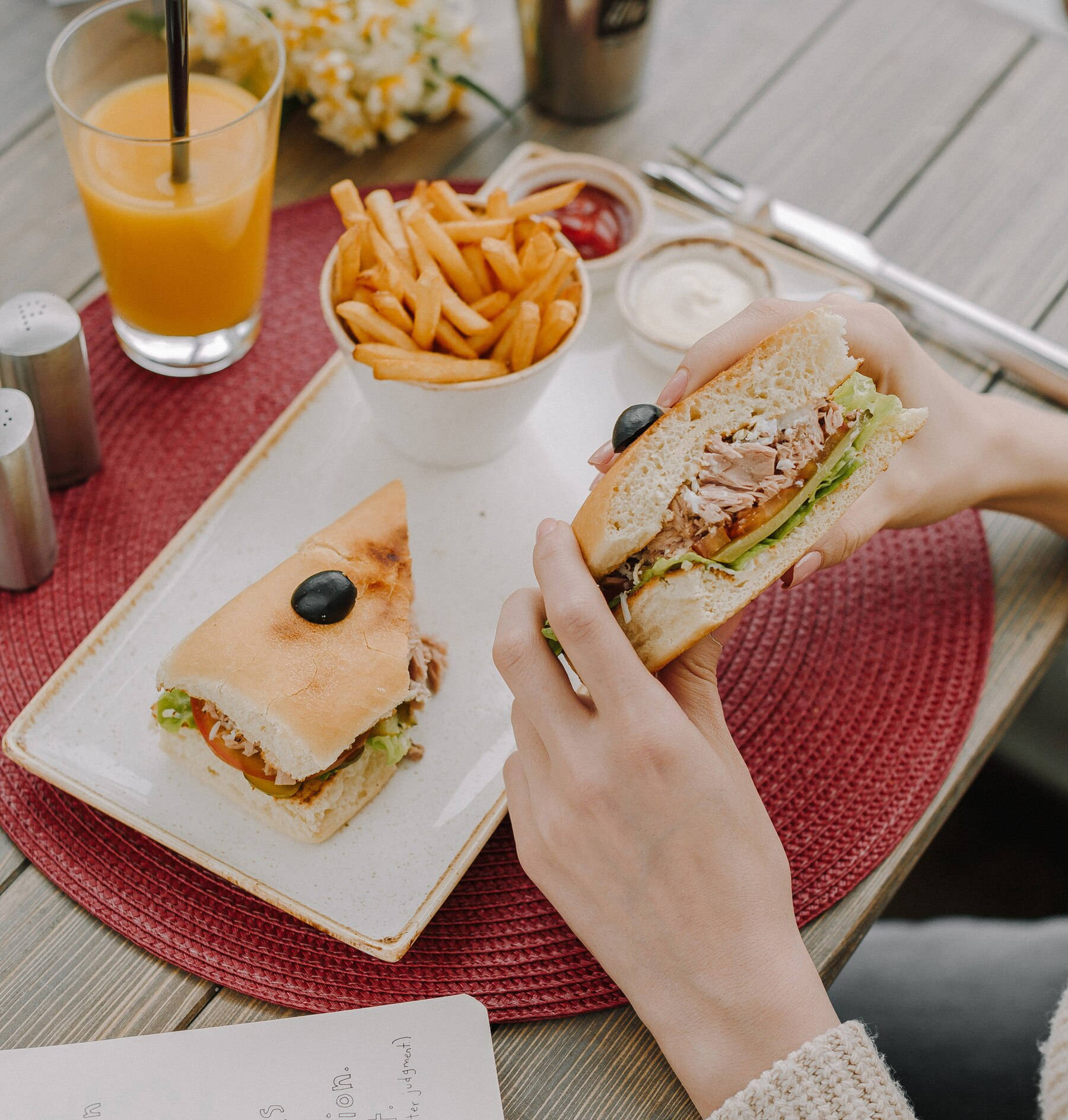 tuna sandwich, fries, orange juice, HD Phone Wallpaper