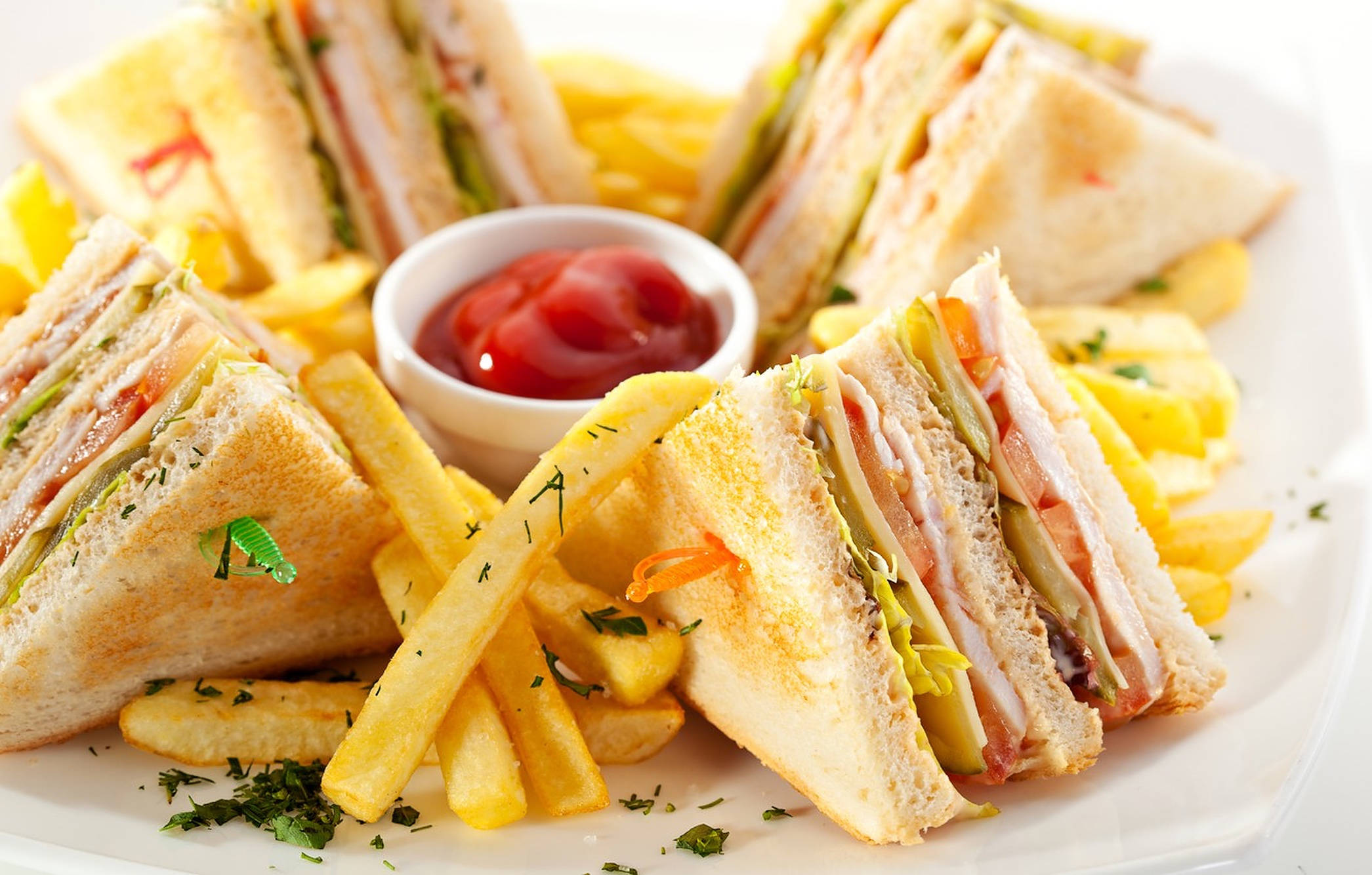 club sandwiches, golden fries, ketchup, Full HD Desktop Wallpaper