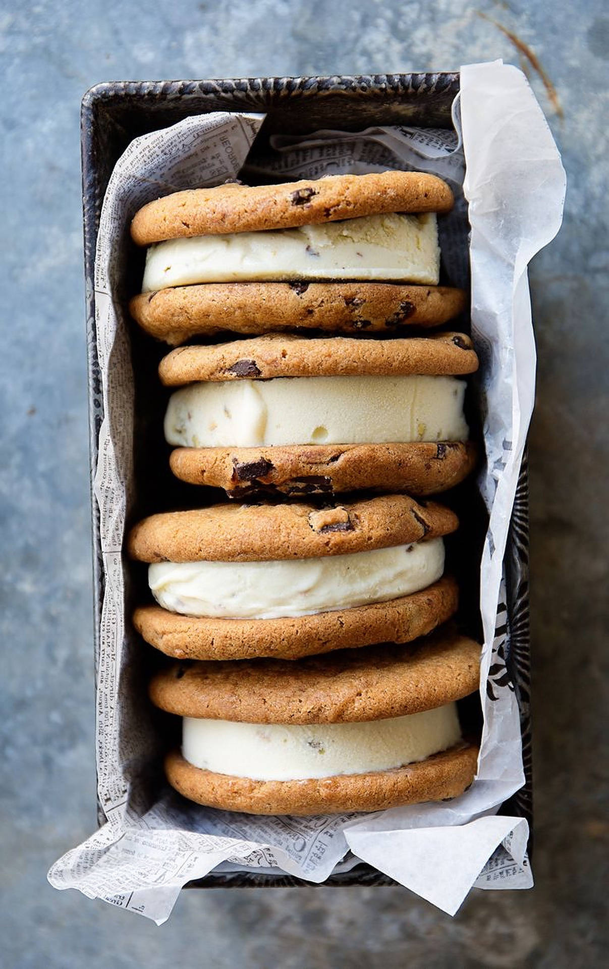 chocolate chip cookie, ice cream, newspaper, Full HD Phone Wallpaper