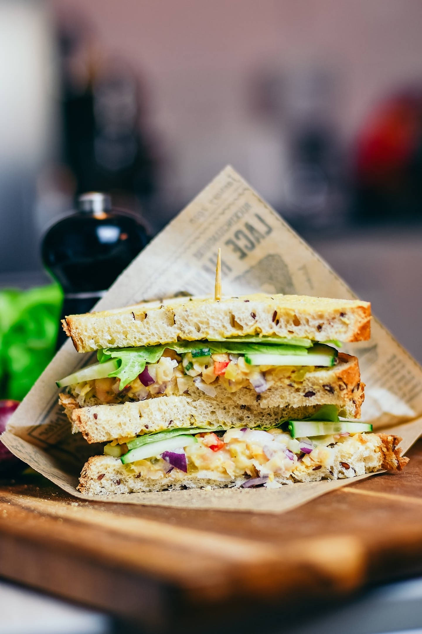 egg cucumber salad sandwich, newspaper, wooden board, Full HD Phone Wallpaper