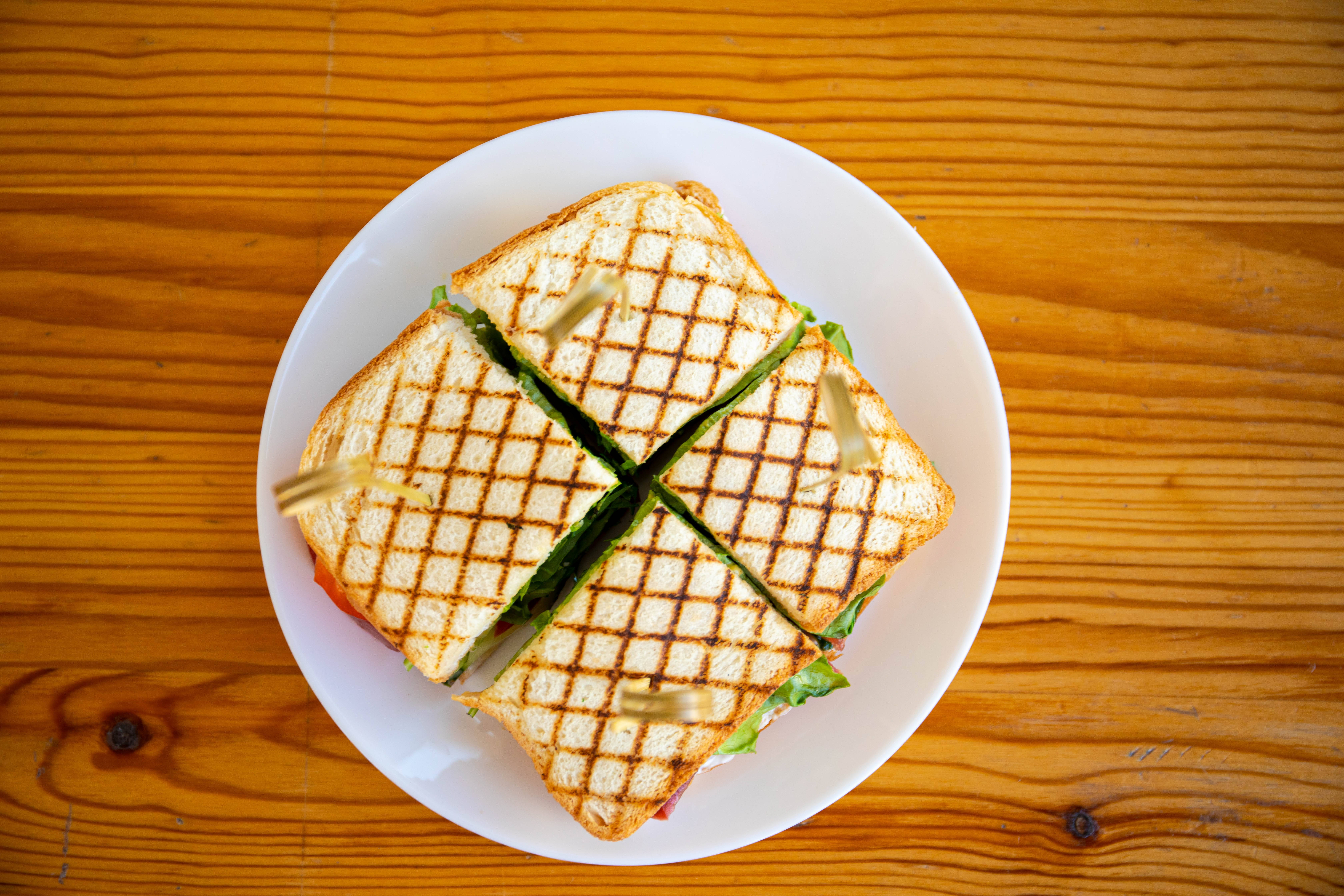 sliced sandwich, golden grilled sandwich, white plate, 5K Desktop Wallpaper