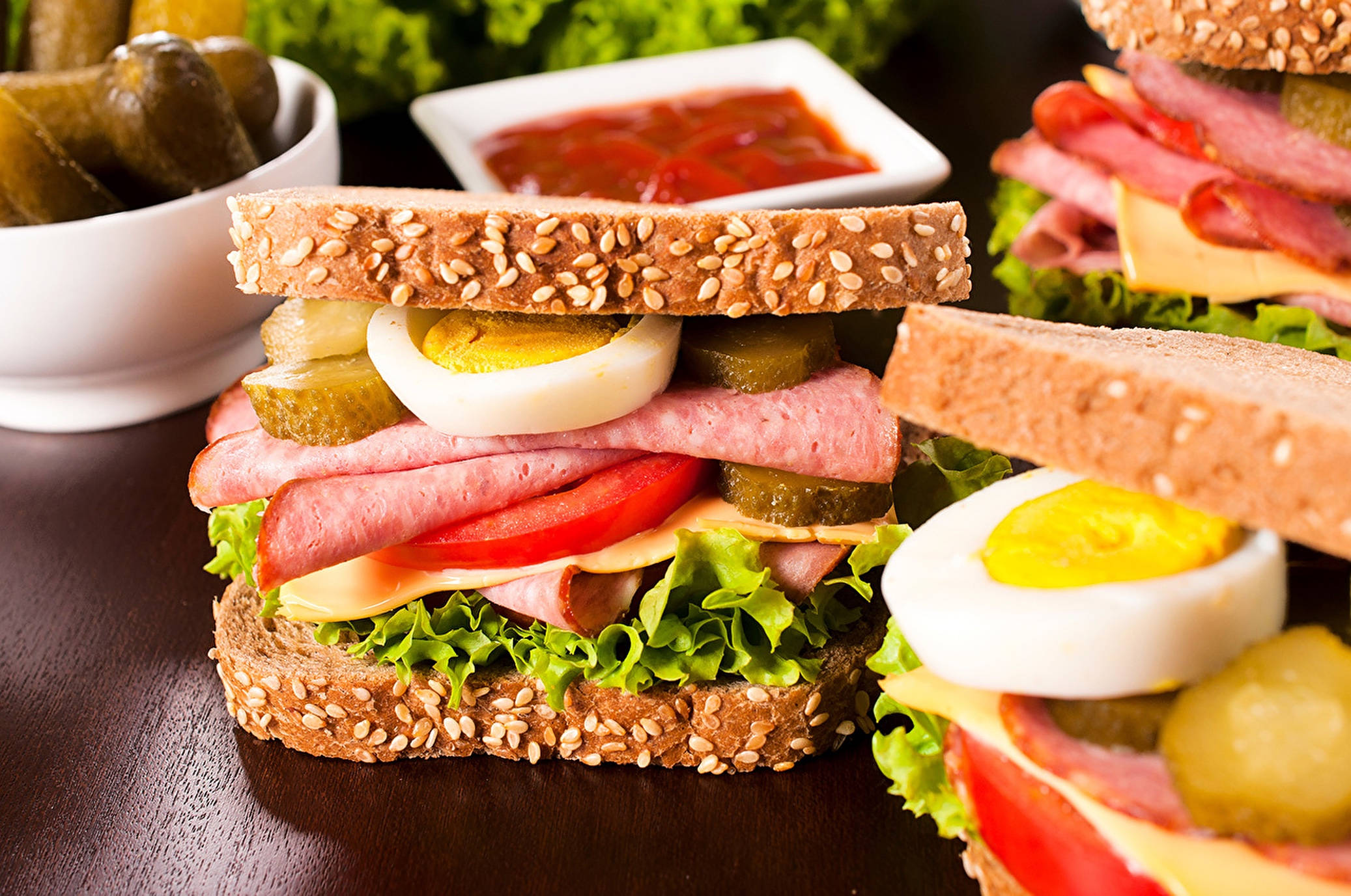 egg ham sandwich, sesame seed sandwich, ham, Full HD Desktop Wallpaper