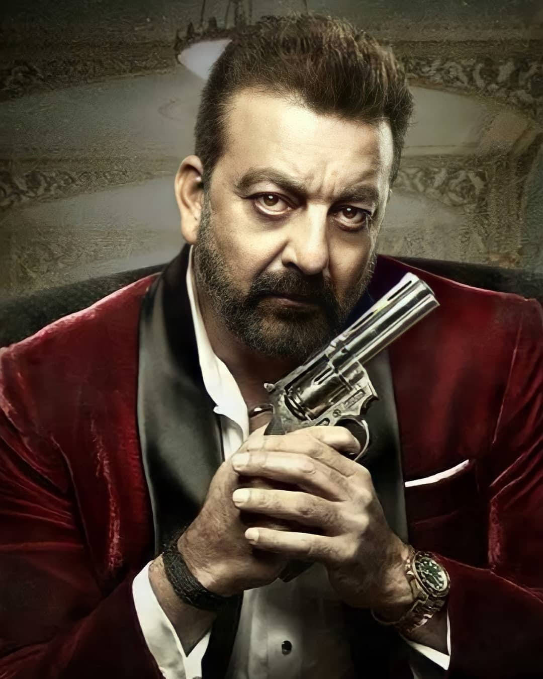 Sanjay Dutt, red velvet suit, silver revolver, HD Phone Wallpaper