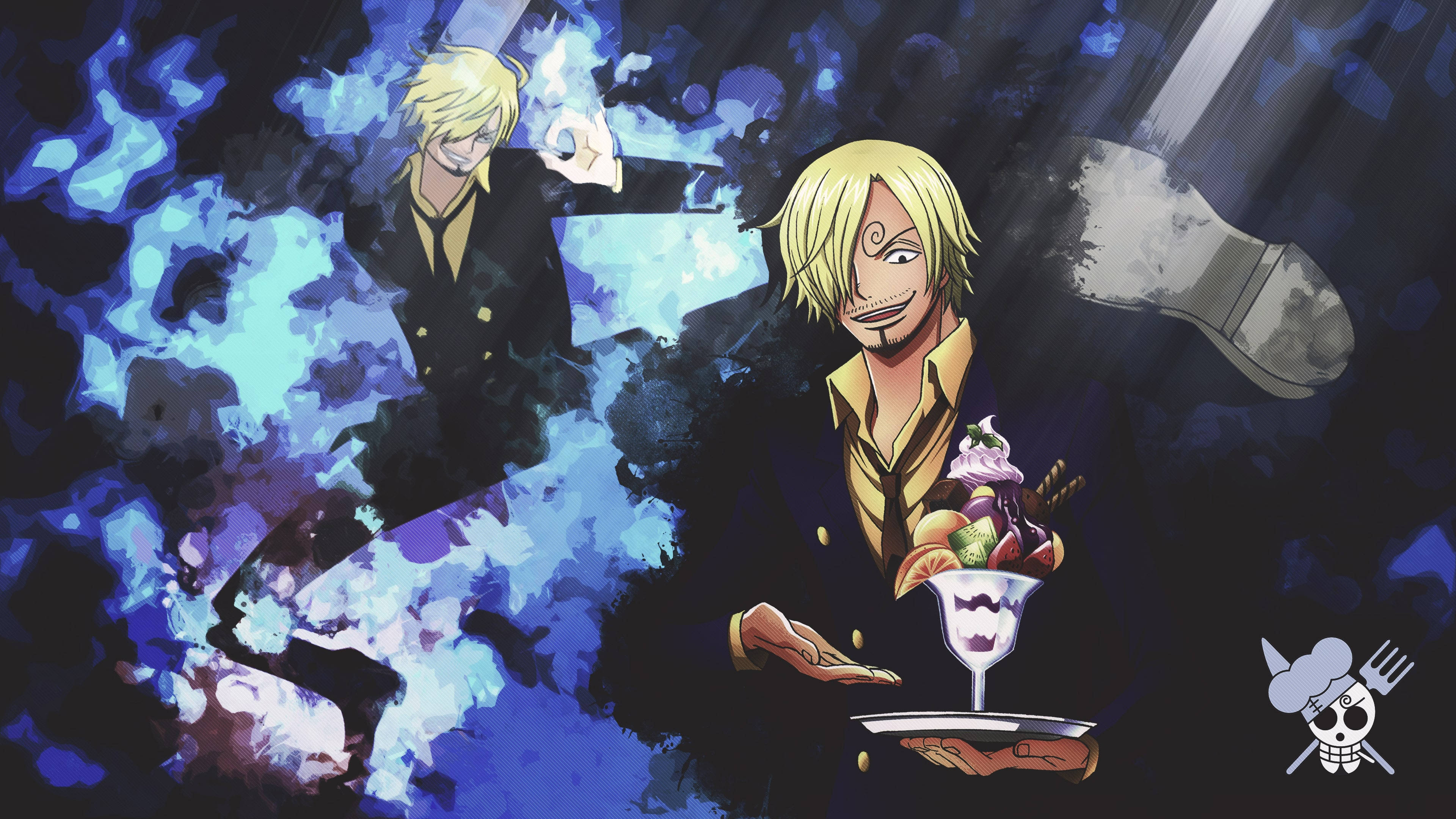 Sanji, blue flames, colorful dessert, 4K Desktop Wallpaper